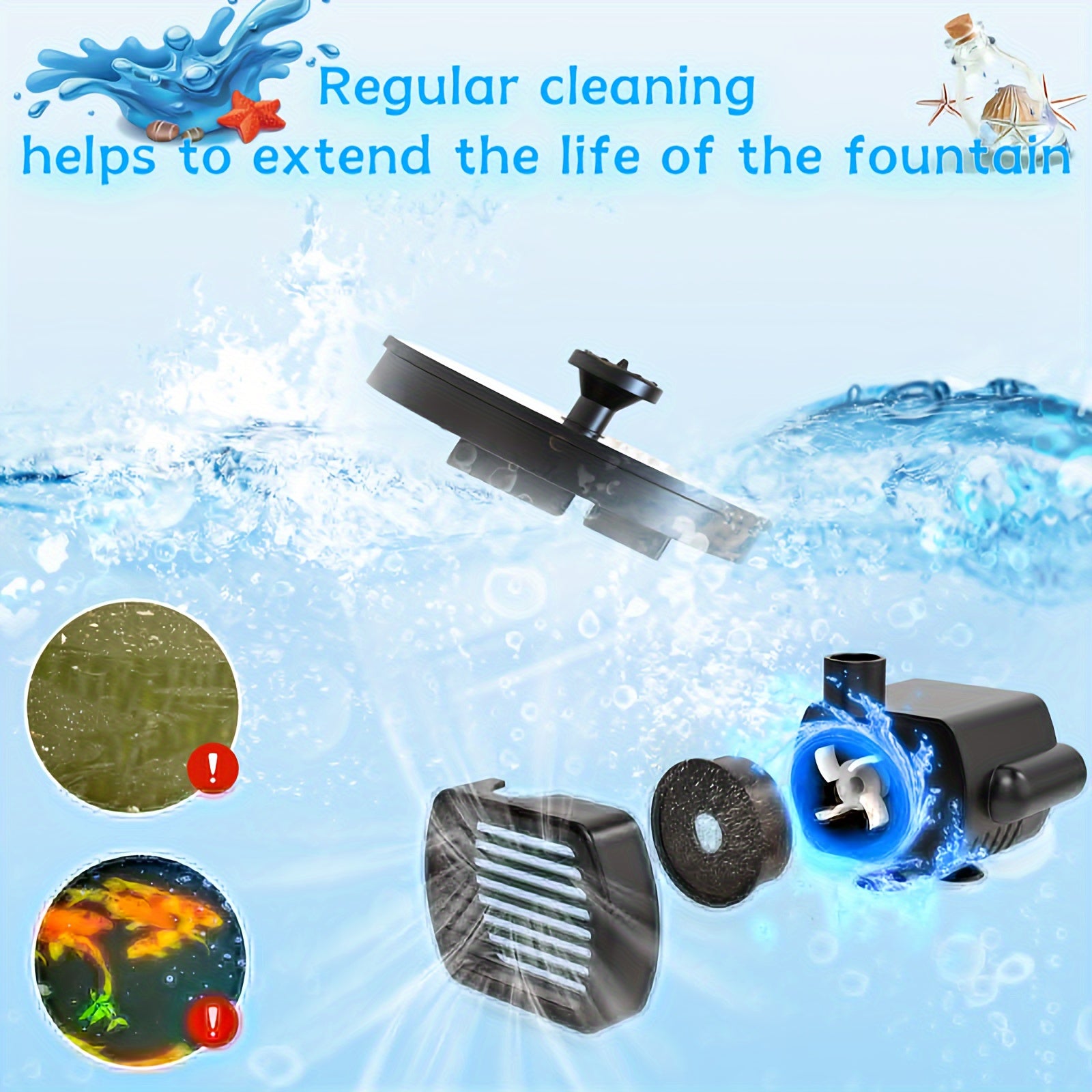 Quyosh energiyasi bilan ishlaydigan suv fontani bog'lar, hovuzlar, basseynlar va ochiq joylar uchun 6 ta nozzle bilan.