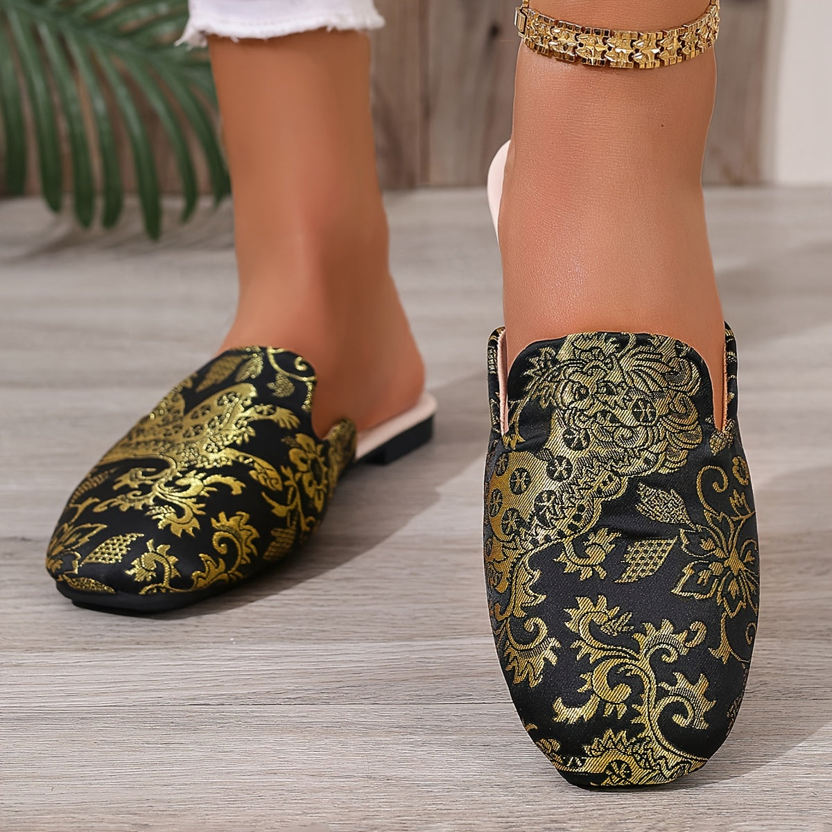 Women’s Black Embroidered Flat Shoes with Golden Floral Pattern Summer Slip-Ons