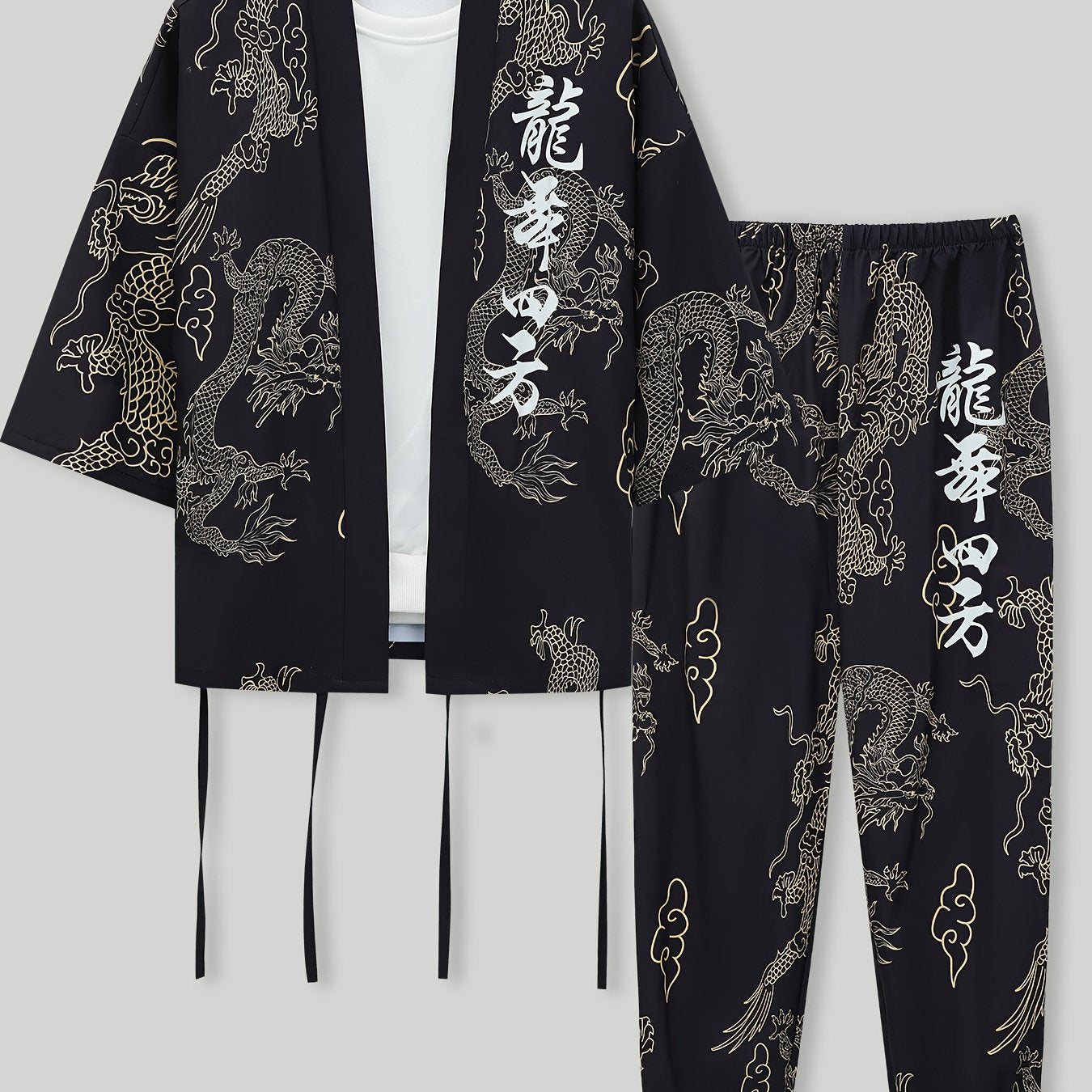 Men's Dragon Print Pajama Set Breathable Polyester Japanese-Inspired Casual Loungewear