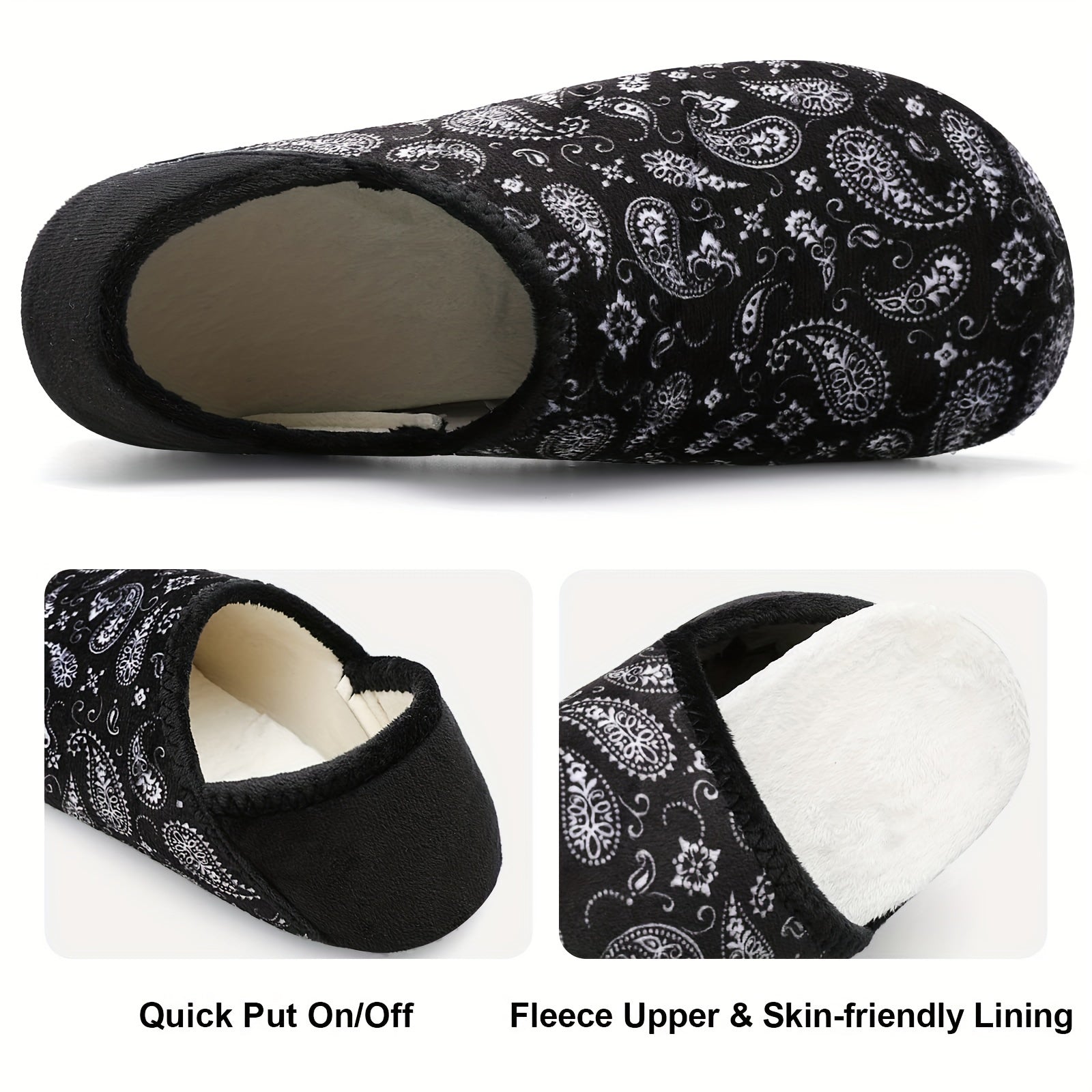 Women's Slip-On House Slippers Lightweight Non-Slip Black White Paisley