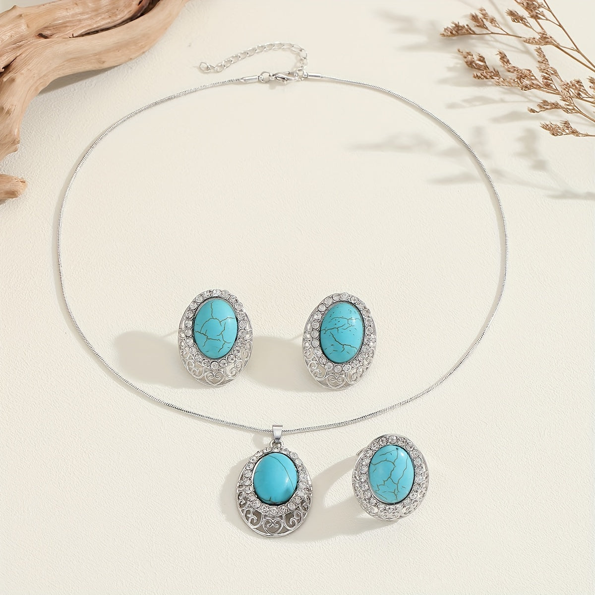 Turquoise Bohemian Style Jewelry Set for Women with Ring Earrings Necklace