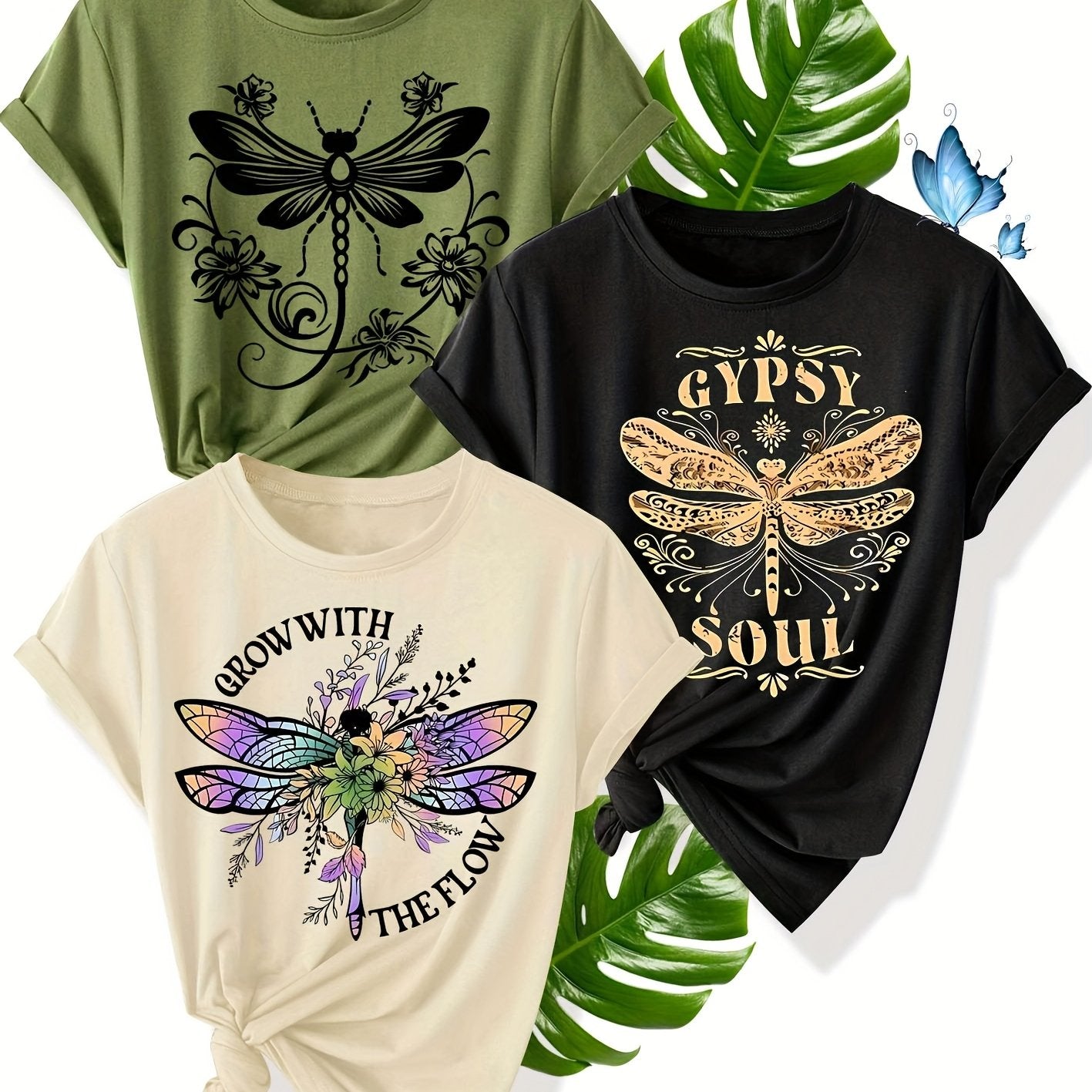 Women's Summer Casual T-Shirt With Flower Dragonfly Print Short Sleeve Multiple Colors