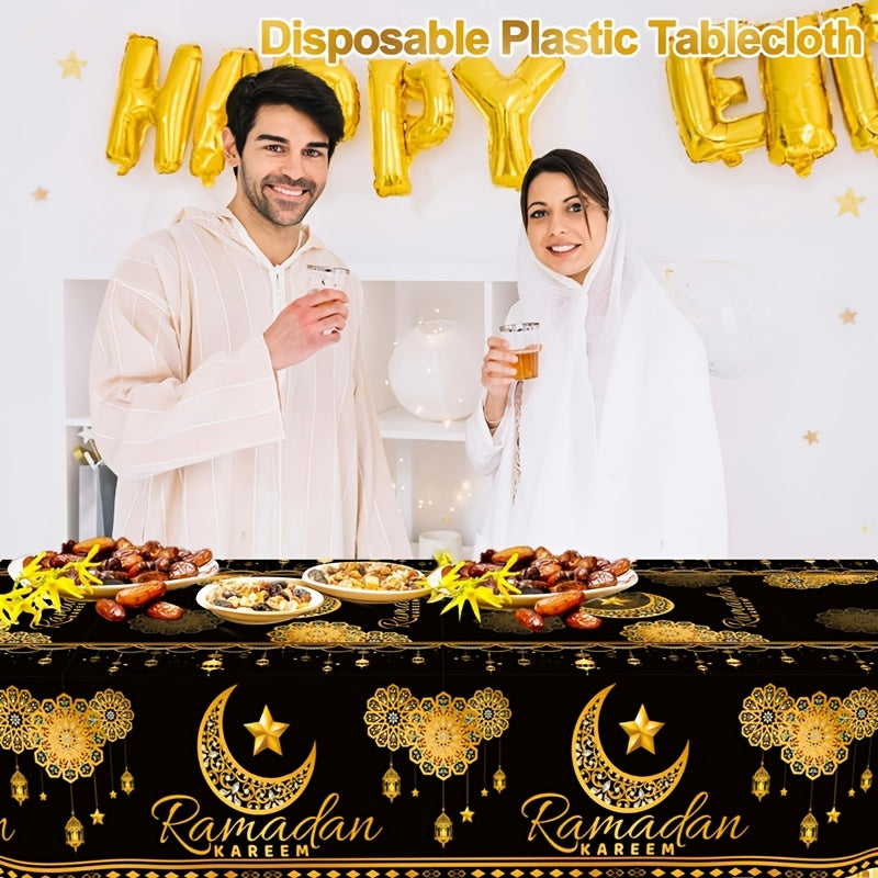 Ramadan Disposable Plastic Tablecloth Black Gold Moon Lantern Star 130x220cm for Eid Al-Fitr and Eid Al-Adha