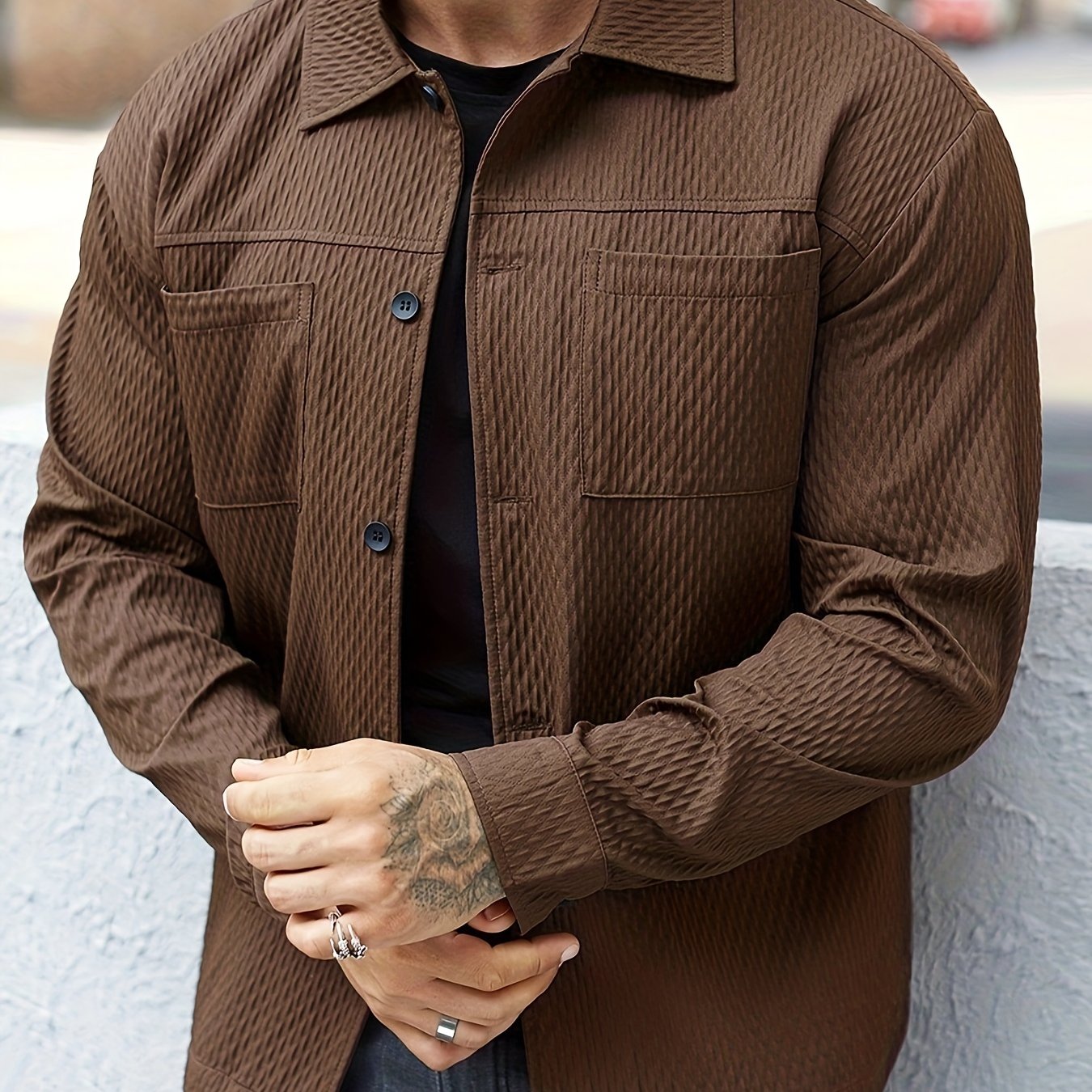 Men's Long Sleeve Textured Shirt for Fall and Winter Casual Solid Color