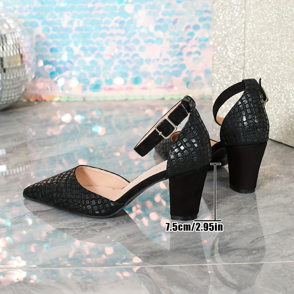 Women's Black Pointed Toe Block Heel Shoes with Metal Buckle and Checkered Pattern