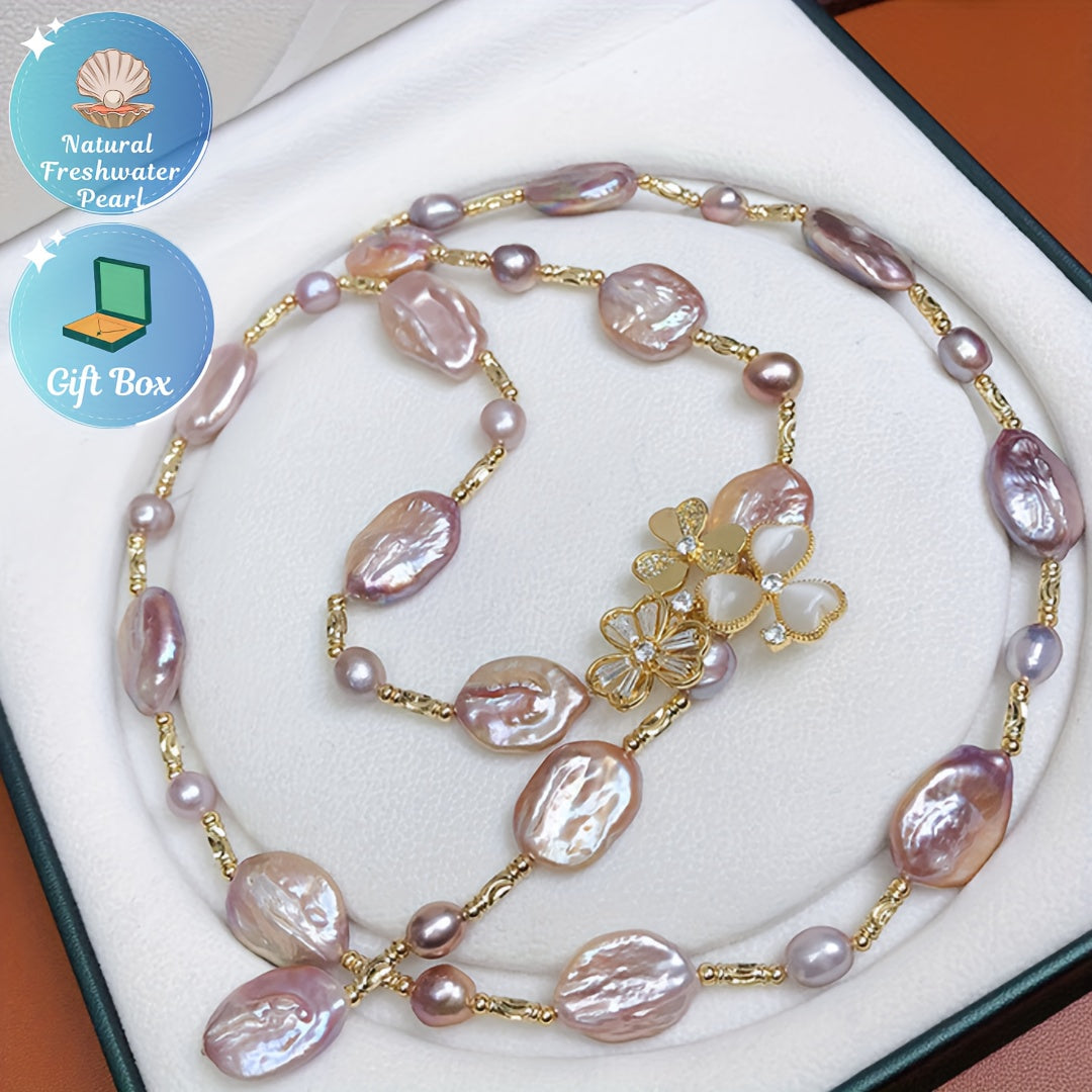 Butterfly Clasp Necklace with Freshwater Pearls and Sweater Chain Vintage Style for Women