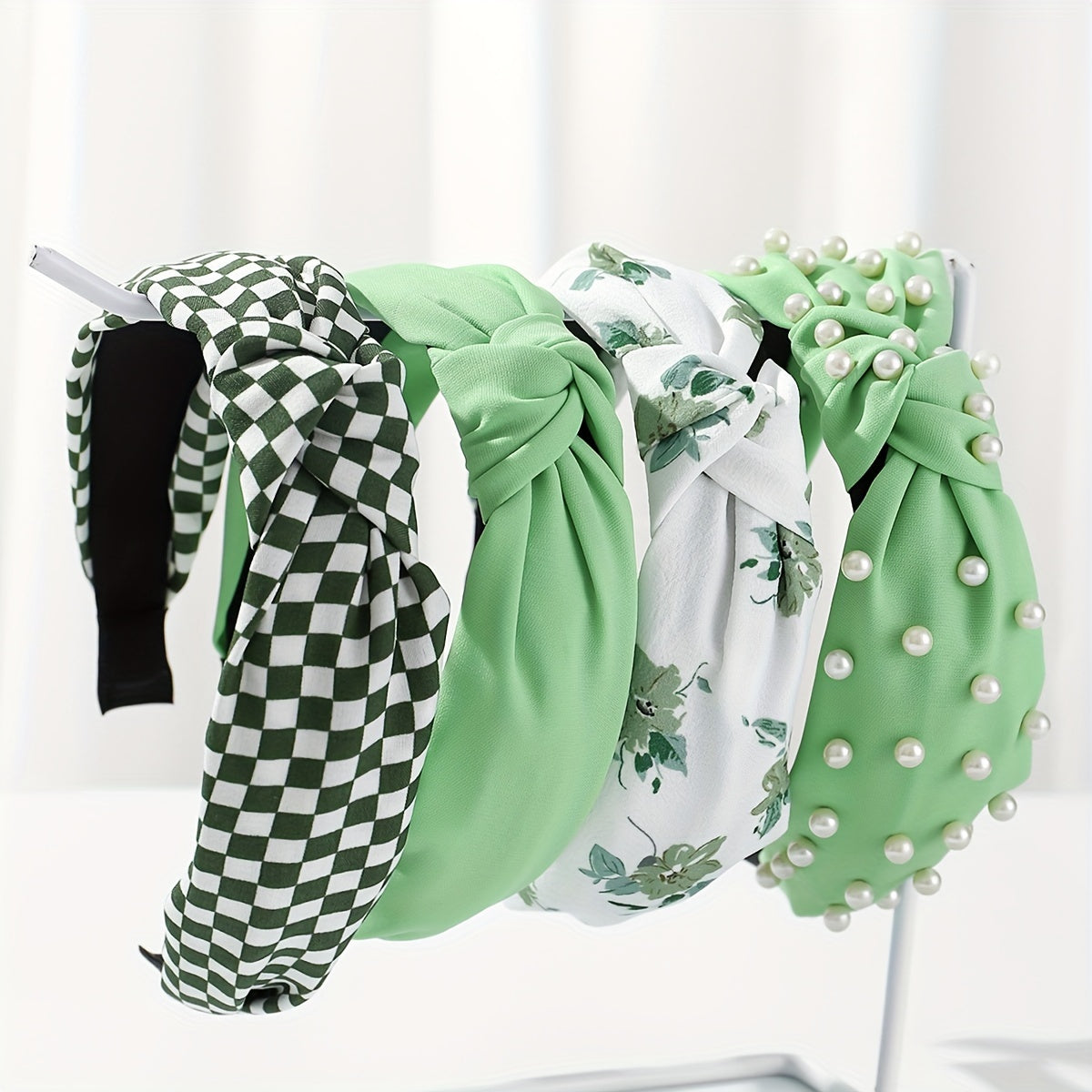 Set of 4 Women's Fabric Floral and Polka Dot Knotted Headbands with Faux Pearl Details