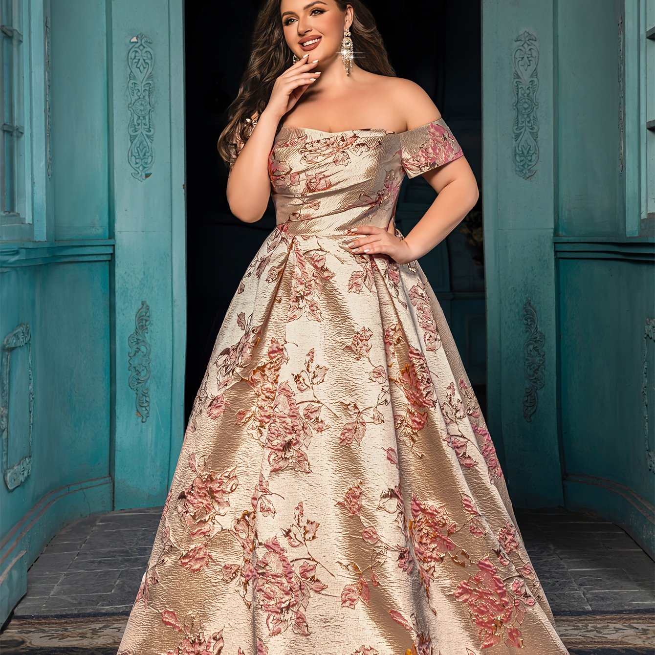 Plus Size Off-Shoulder Formal Evening Gown Floral Print Mermaid Bridal Dress