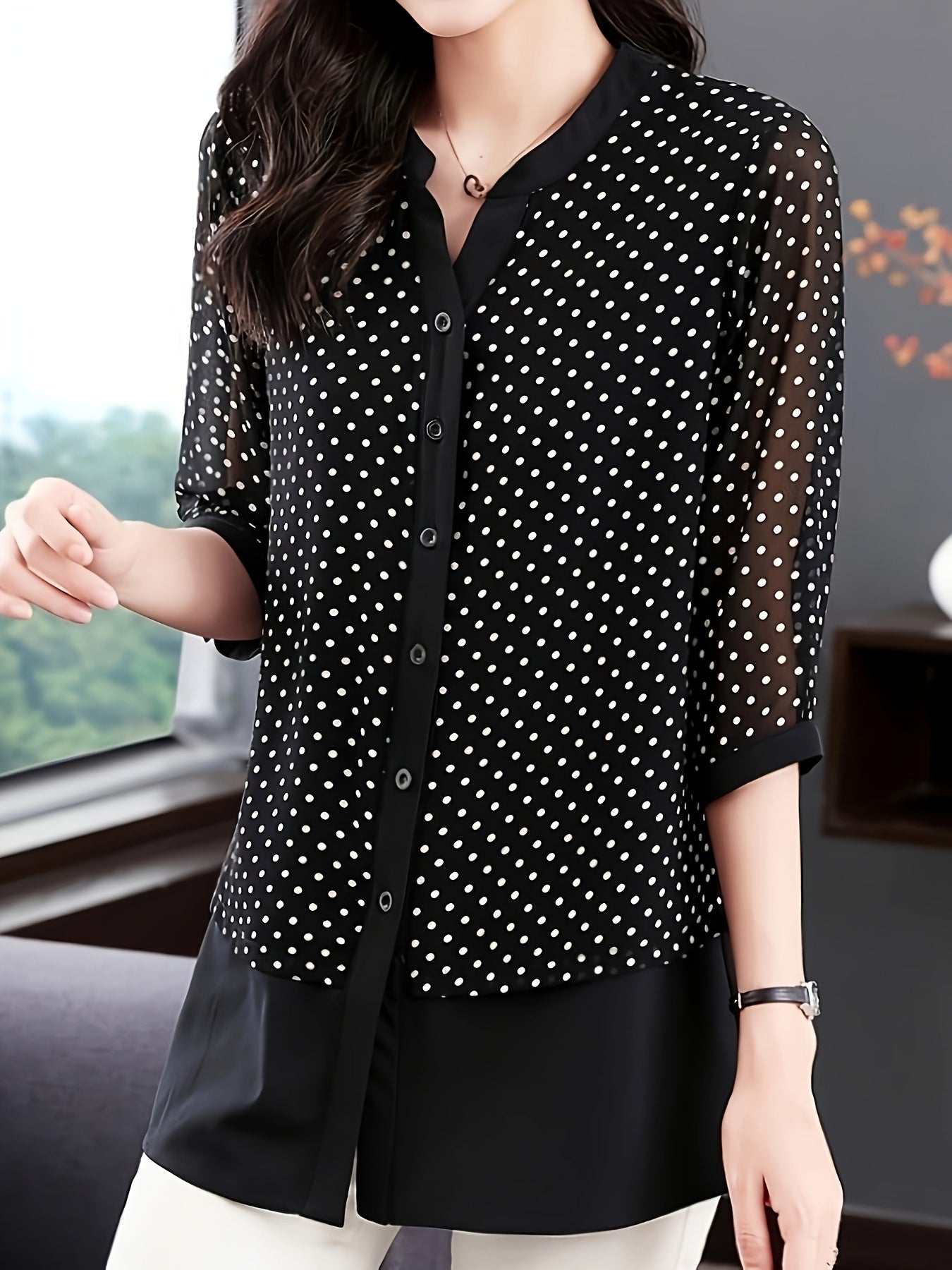 Plus Size Women's Chiffon Blouse Polka Dot Mid-Length Seven-Eighths Sleeves