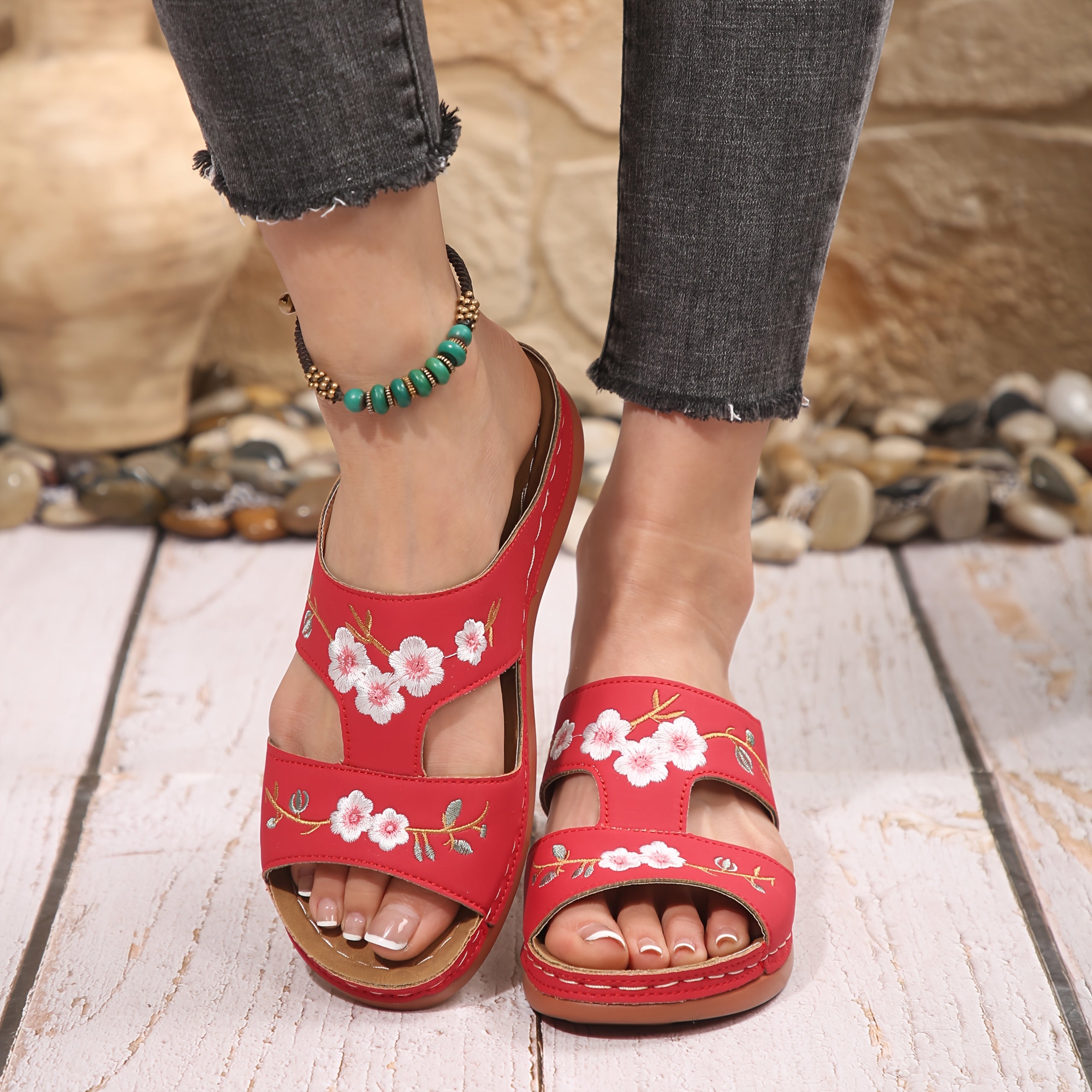 Women's Floral Wedge Sandals Faux Cover Open Toe Slip-On Summer Shoes