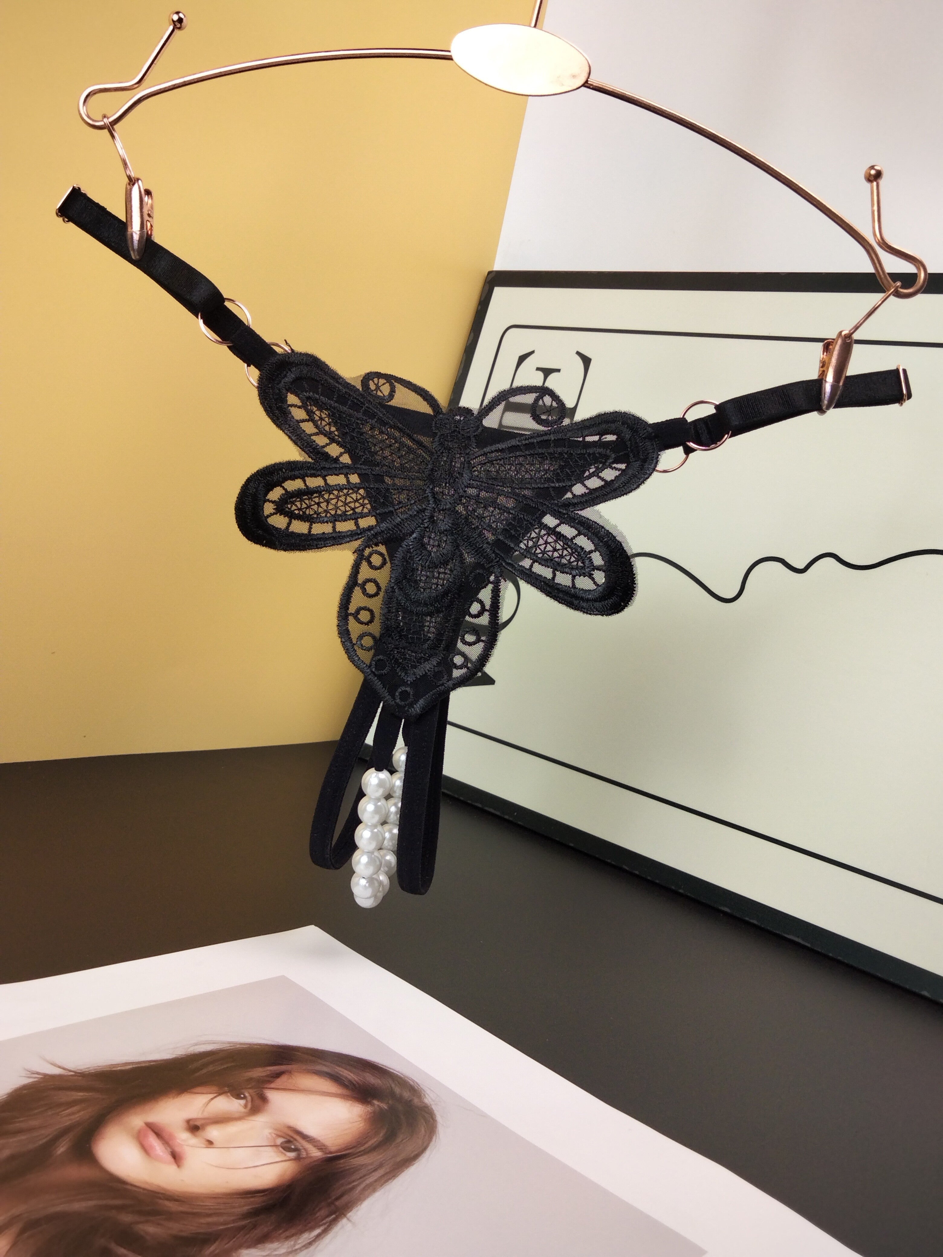 Women's Floral Applique Thong Panties with Faux Pearl Decor Open Crotch Low Waist Lingerie