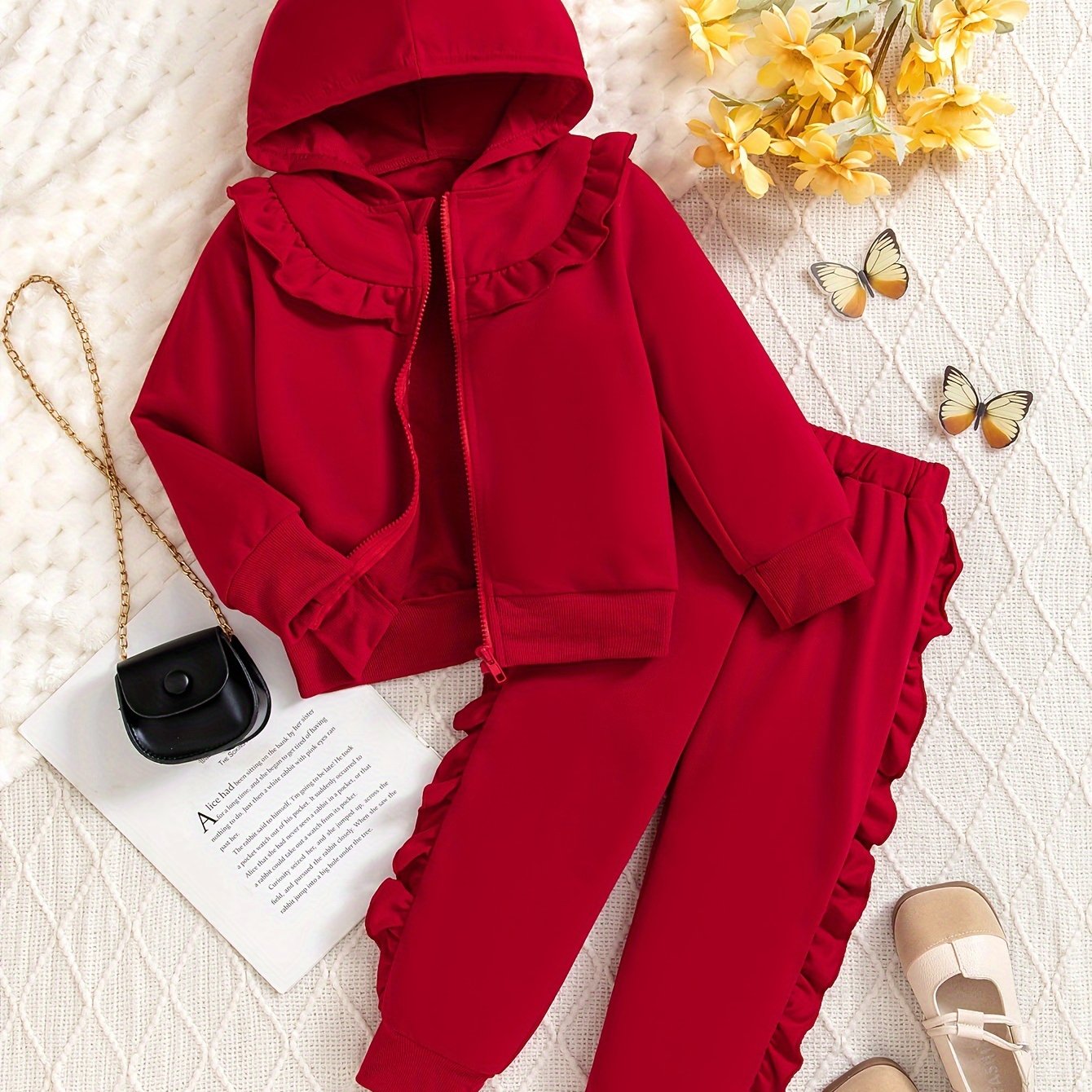 Girls' Long Sleeve Hoodie and Pants Set with Zipper and Lace for Fall Winter