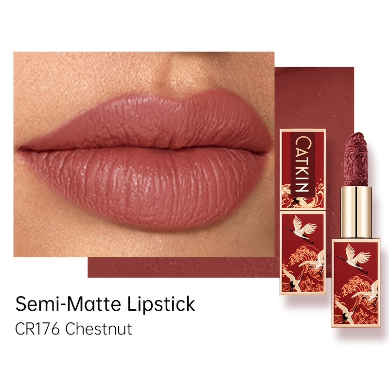 Red Carving Matte Lipstick Waterproof Long-Lasting Satin Finish for Smooth Red and Nude Lips
