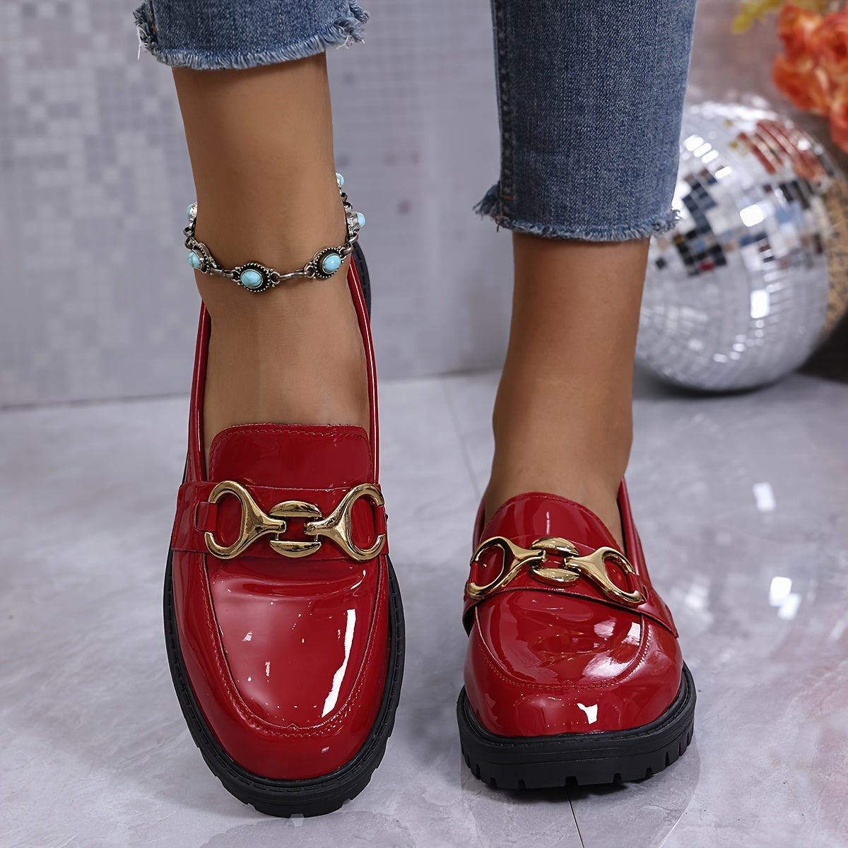 Women's Glossy Red Synthetic Penny Loafers Slip-On Shoes with Cushioned Sole