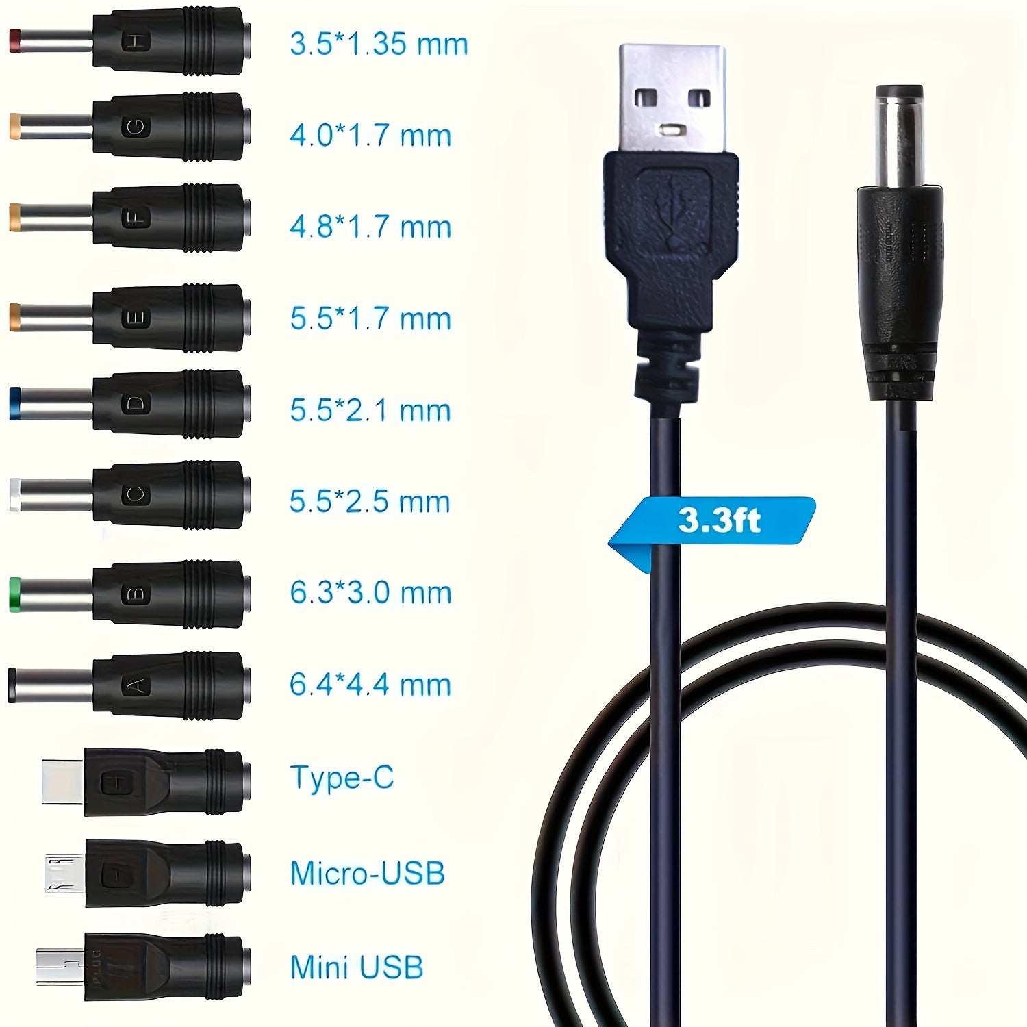 11-in-1 USB Charging Cable Set with Universal 5V DC Jack and Interchangeable Connectors