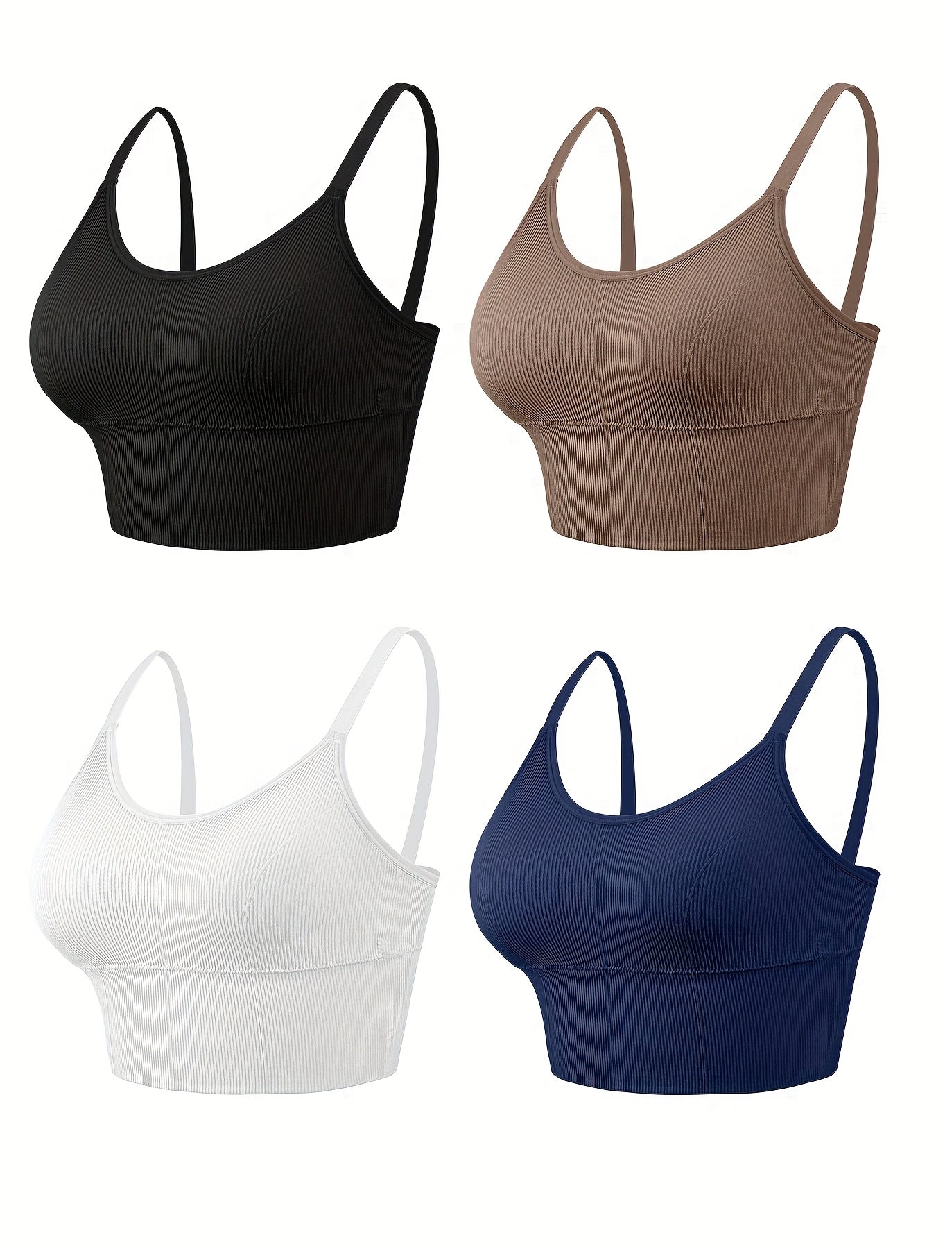 Women's Plus Size Sports Bras Ribbed Wireless High Elasticity Removable Pads Black White Brown Navy Blue Set