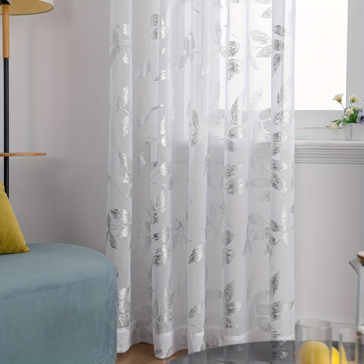 European Style Sheer Curtain with Embroidered Leaf Pattern for Living Room or Office