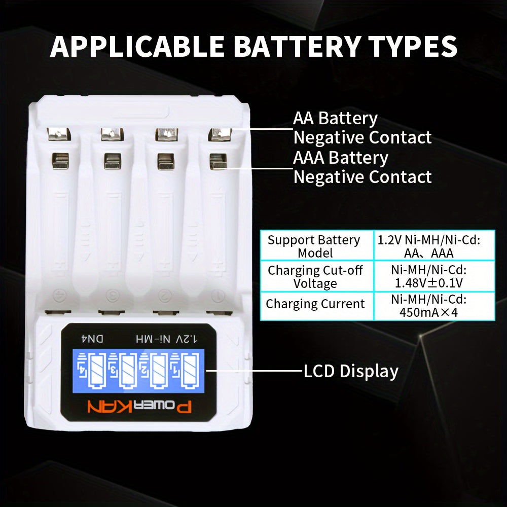 4-uyali USB Type-C Batareya zaryadlagichi AA AAA Ni-MH Ni-Cd batareyalari uchun LCD displey bilan