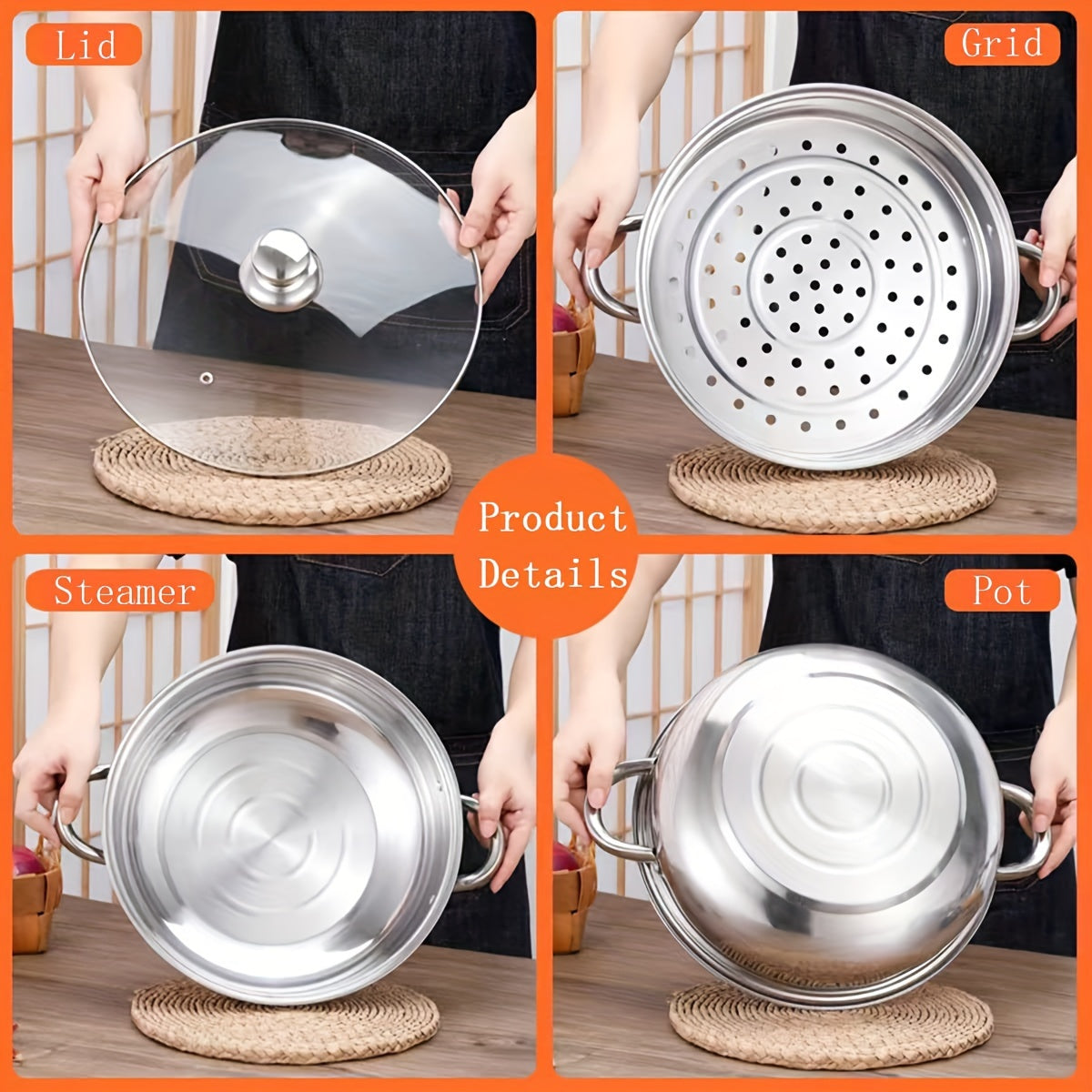 Two-Tier Stainless Steel Steamer Pot Set with Glass Lid, Induction Ready, Food and Vegetable Steaming