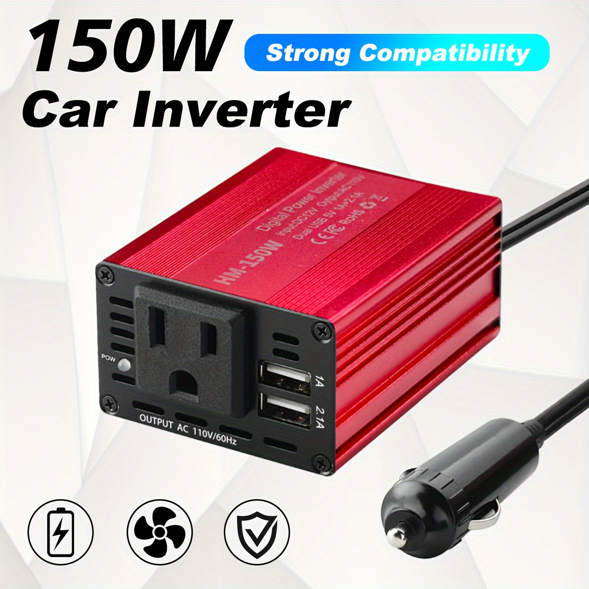 150W Car Power Inverter with 2 USB Ports and 110V Power Jack