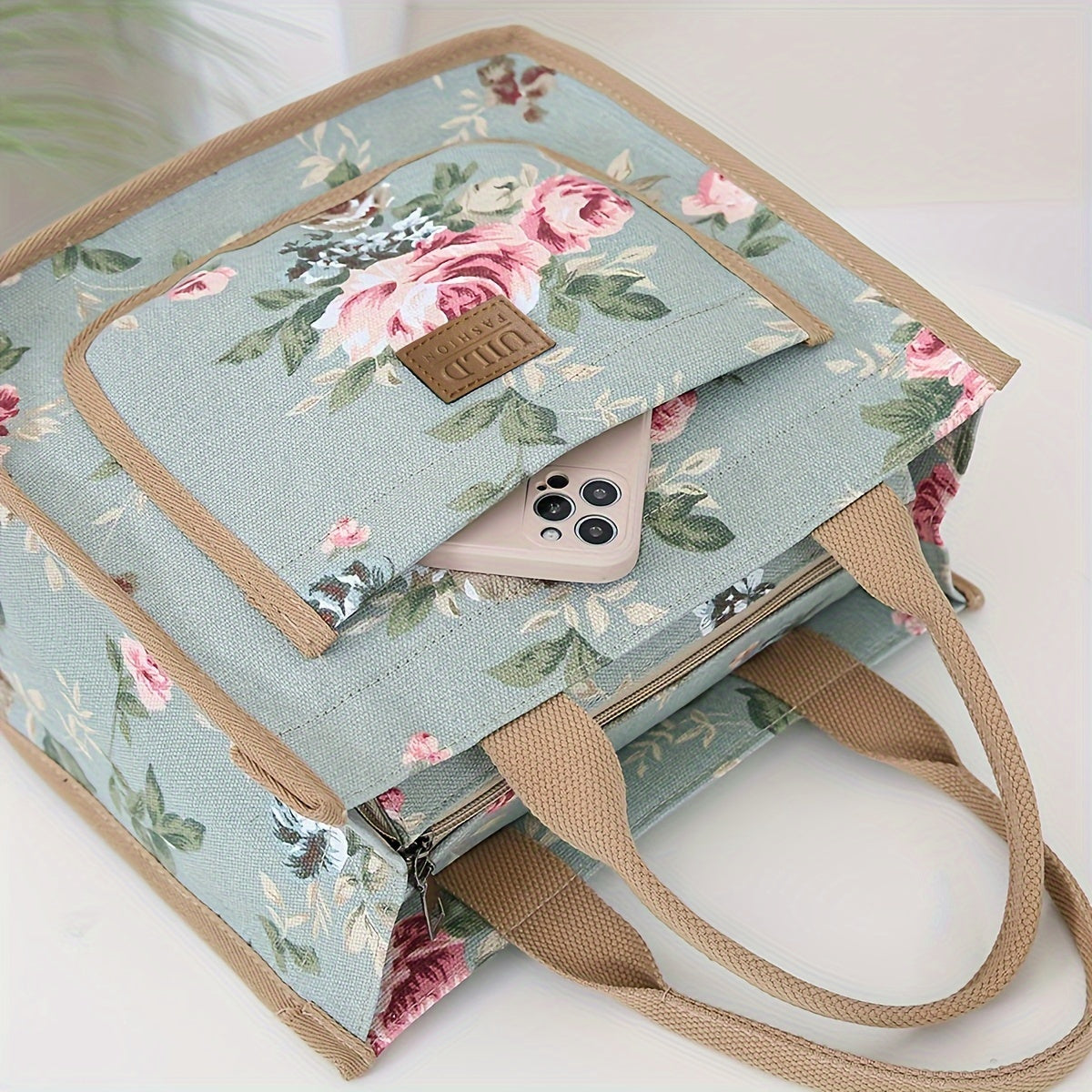 Insulated Canvas Lunch Bag with Floral Print, Large Capacity, Reusable