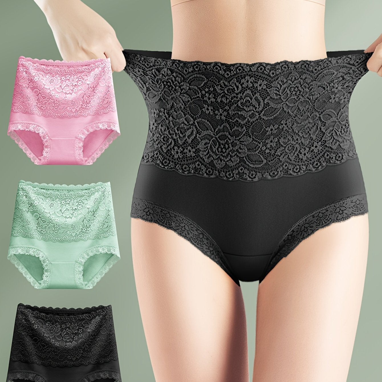 Set of 3 High-Waisted Tummy Control Lace Panties for Women