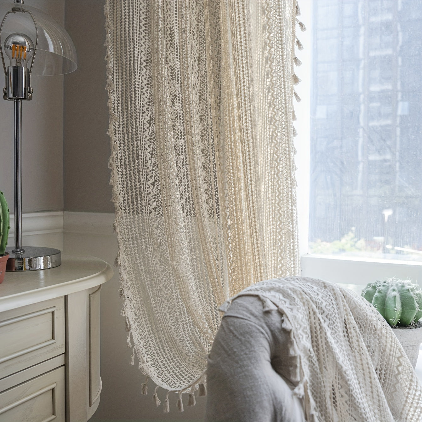 Beige Crochet Fringe Curtain UV Protection Rod Pocket for Living Room Bedroom