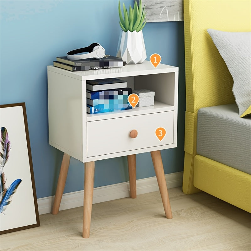 Minimalist Bedside Table with Lockable Storage Shelf and Solid Wood Legs