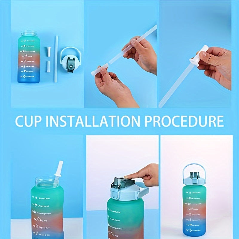 Set de botellas de agua con gradiente de 2L, libres de BPA, a prueba de fugas, con marcador de tiempo, pajilla, tapa con cierre para acampar y fitness