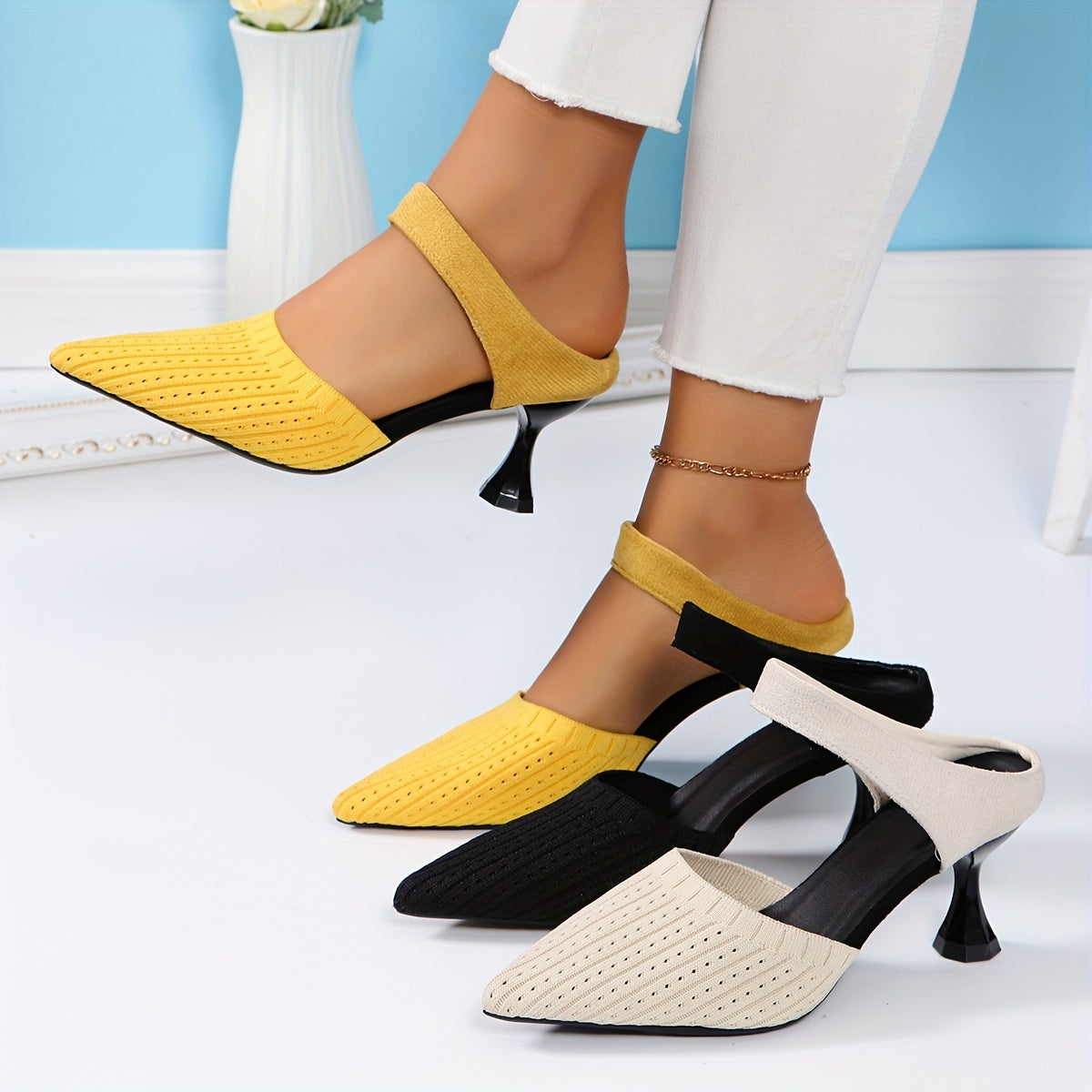 Women's Knit Fabric Slingback Sandals Pointed Toe High Heel