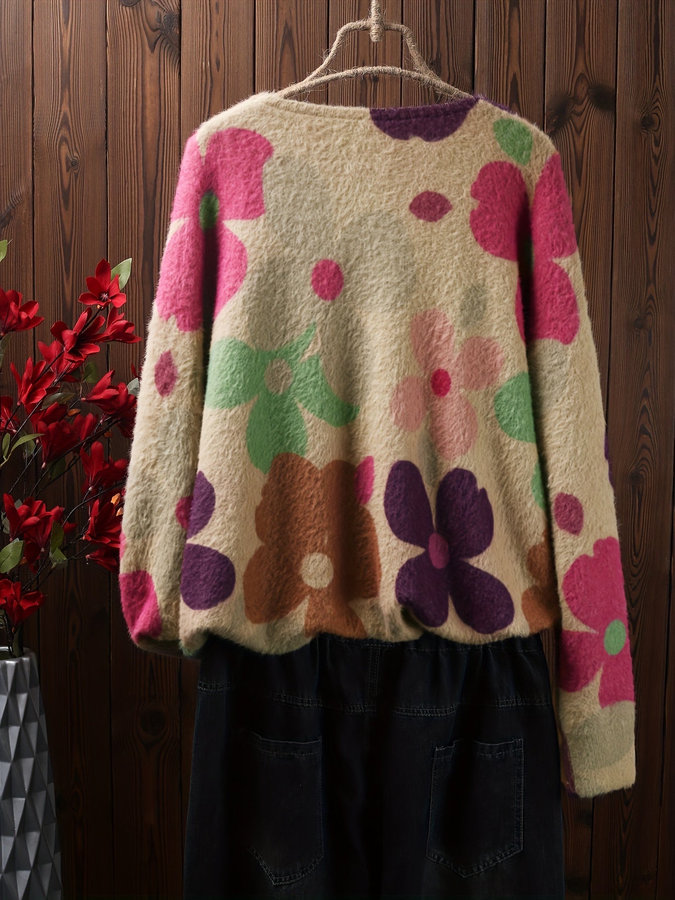 Women's Floral Print V-Neck Button Cardigan Sweater Loose Fit Open Front