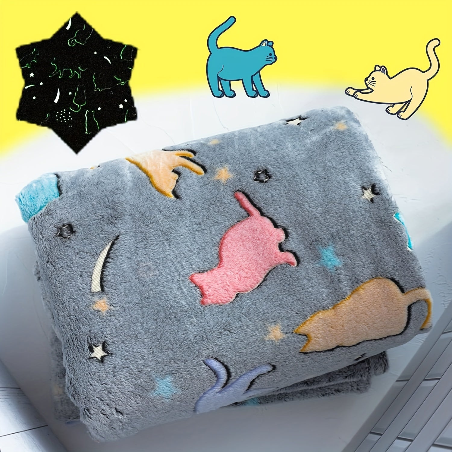 Glow-in-the-Dark Cat Design Cozy Blanket Soft Throw for Sofa Bed Car Office 127cmx60cm
