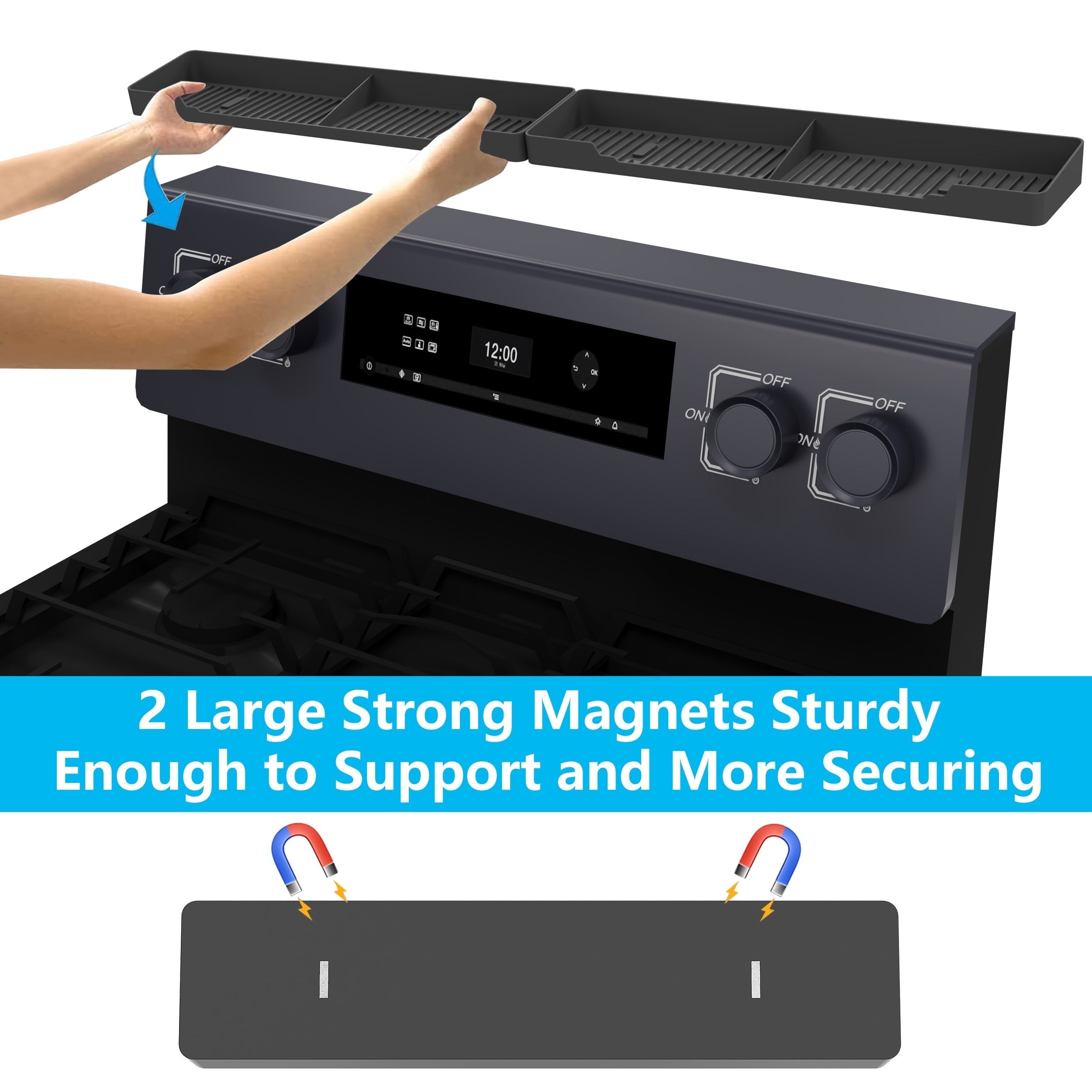 Ikkita magnit plastik pechka javoni, har biri 38.99 sm o'lchamda. Ziravorlar uchun oshxona saqlash javonlari sifatida ishlatilishi mumkin. O'rnatish oson va elektr energiyasini talab qilmaydi.