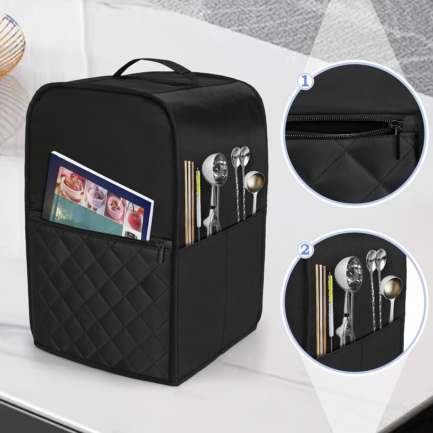 Black Quilted Dust Cover for Ice Cream Maker with Accessory Pockets