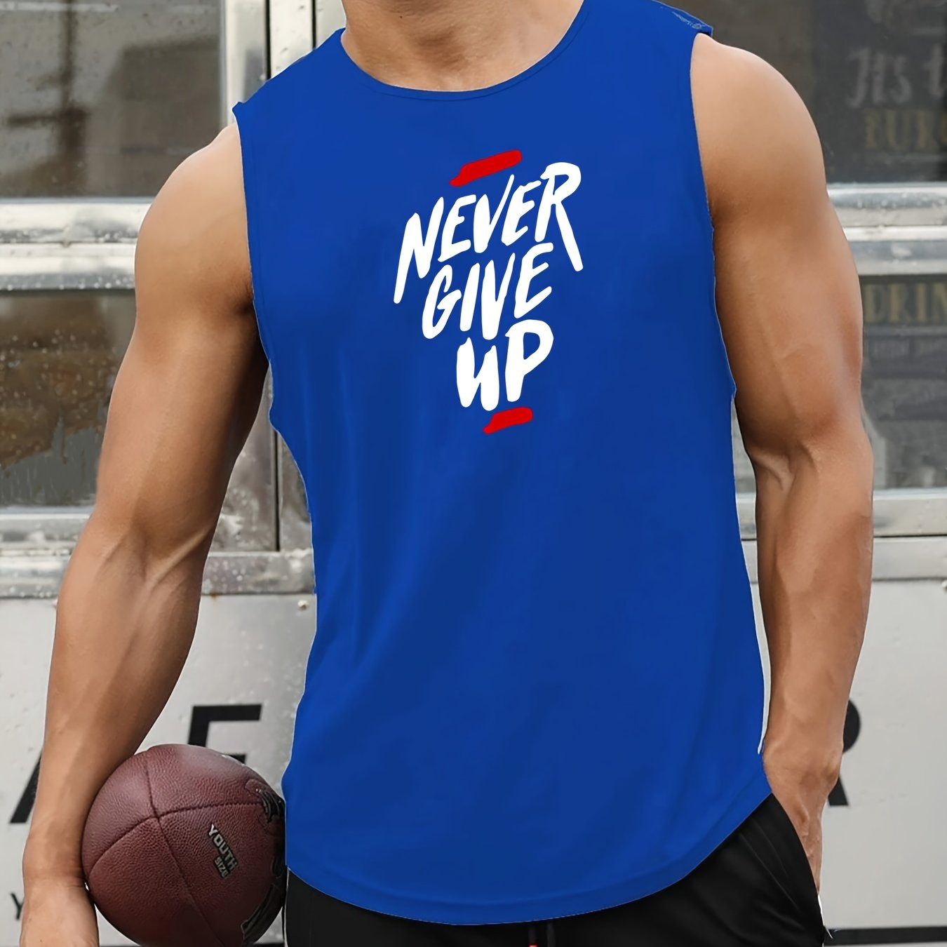 Men's Summer Breathable Polyester Tank Top with "Never Give Up" Print for Workout and Basketball
