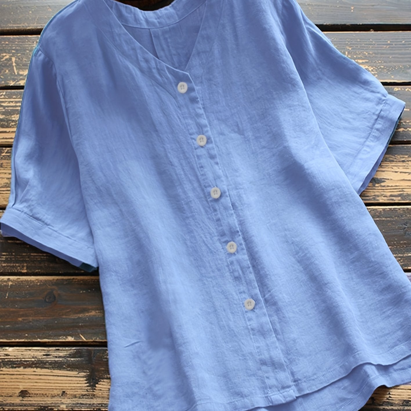 Women's Plus Size Teal V-Neck Short Sleeve Blouse Casual Button-Up Shirt