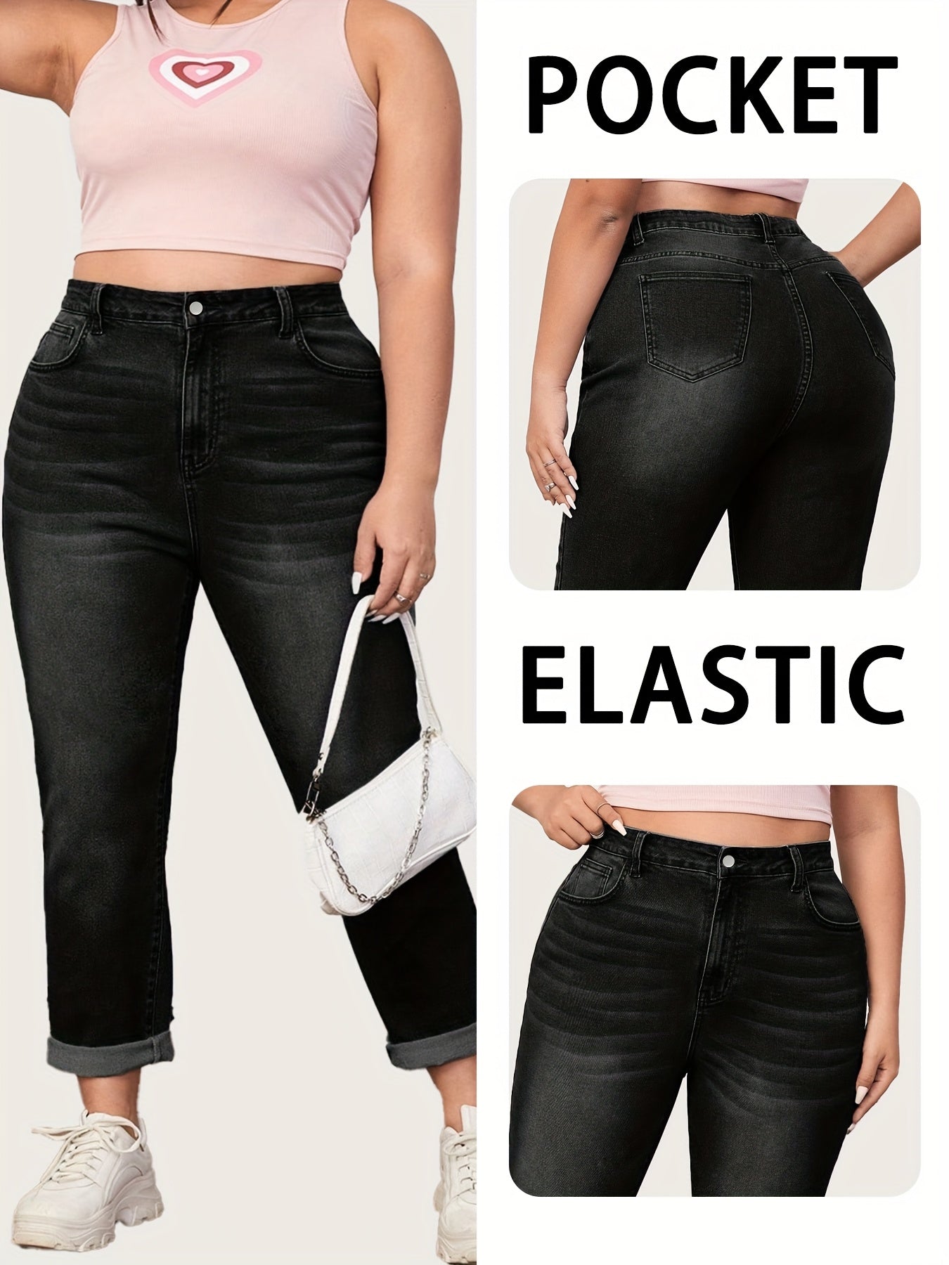 Women's Casual Stretch Jeans Black Washed Button Fly All-Season Comfort