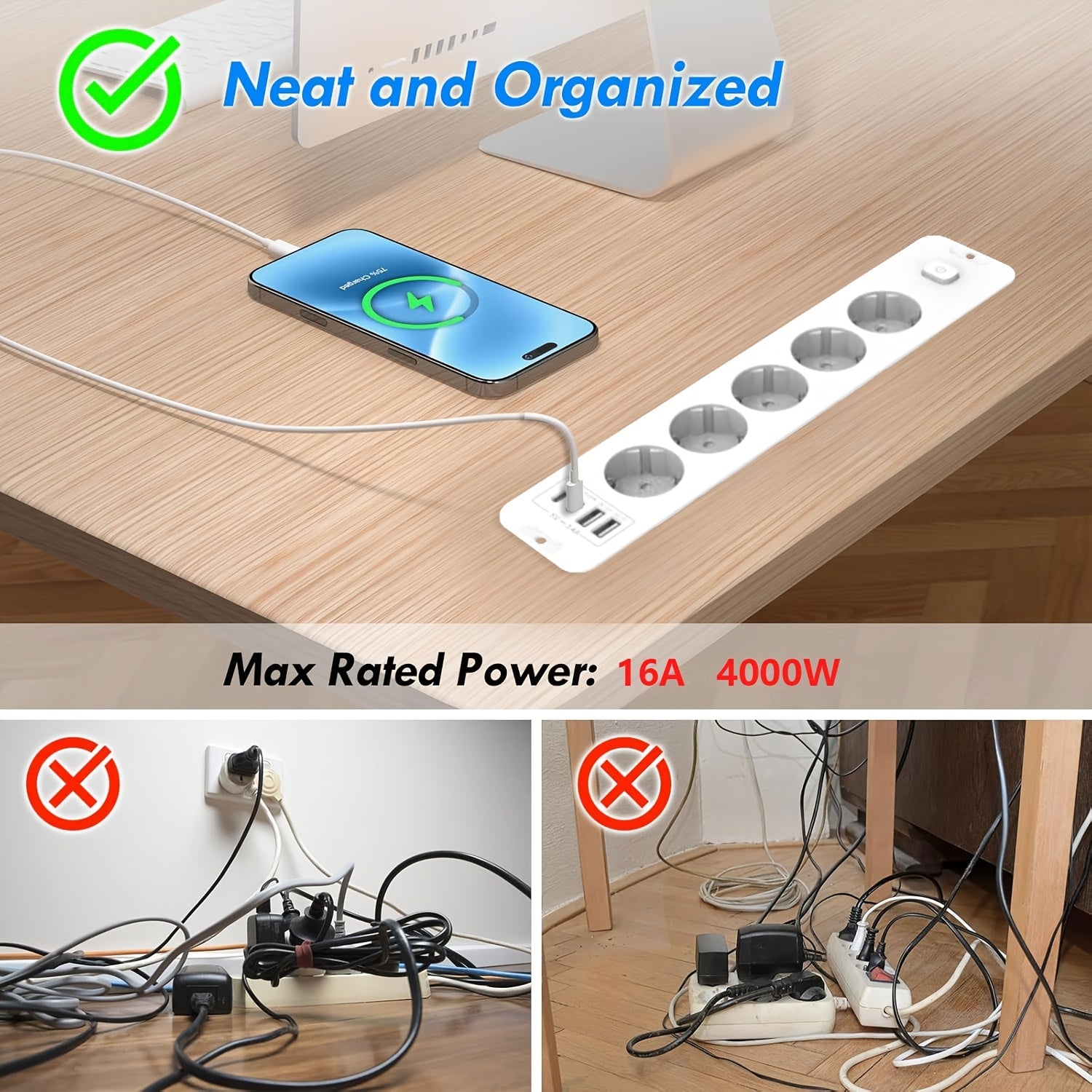 Home Power Strip with 4 USB Ports, 5 DC Sockets, High Power Socket and 6.56 ft Extension Cord
