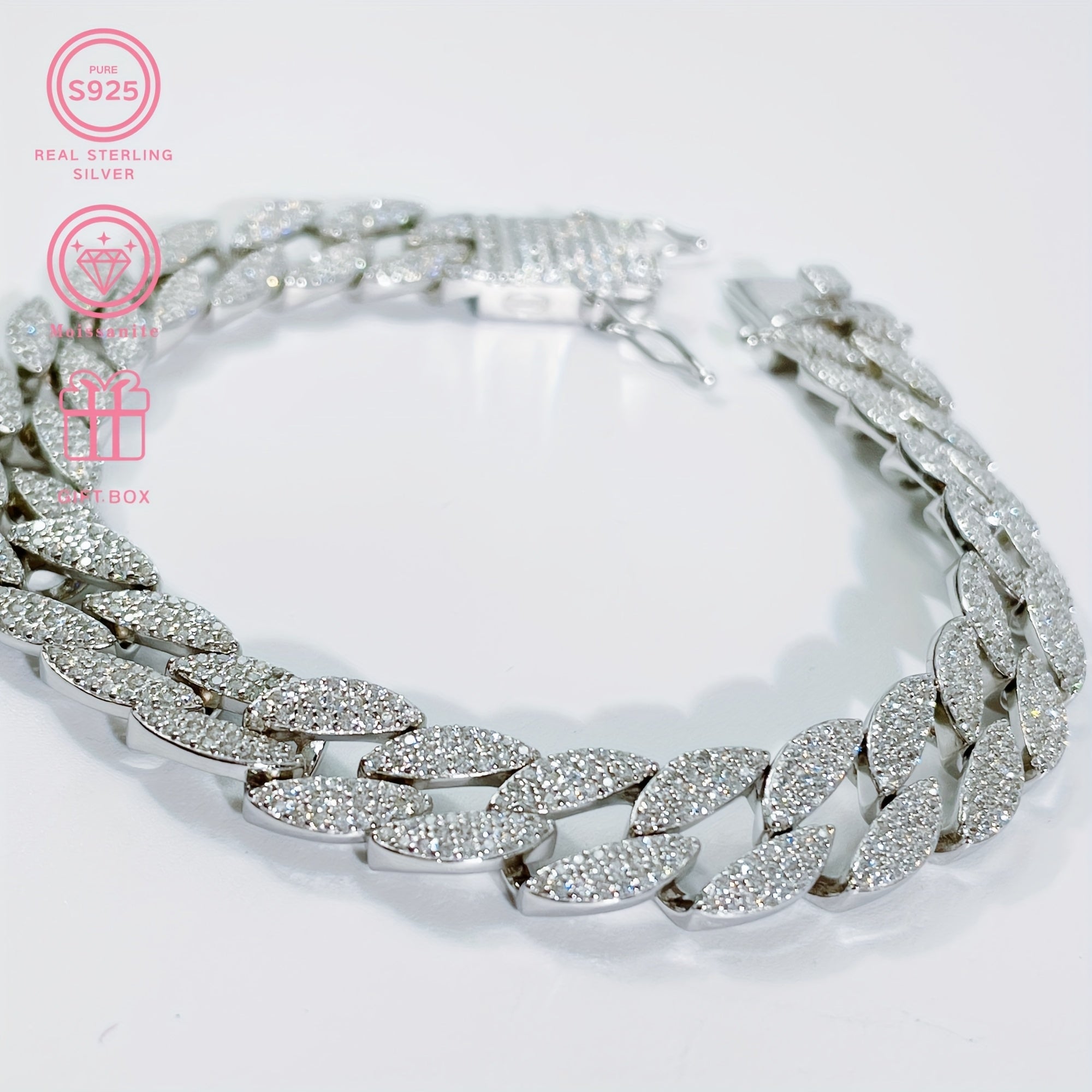 Moissanite Cuban Link Bracelet Sterling Silver Leaf Design for Women