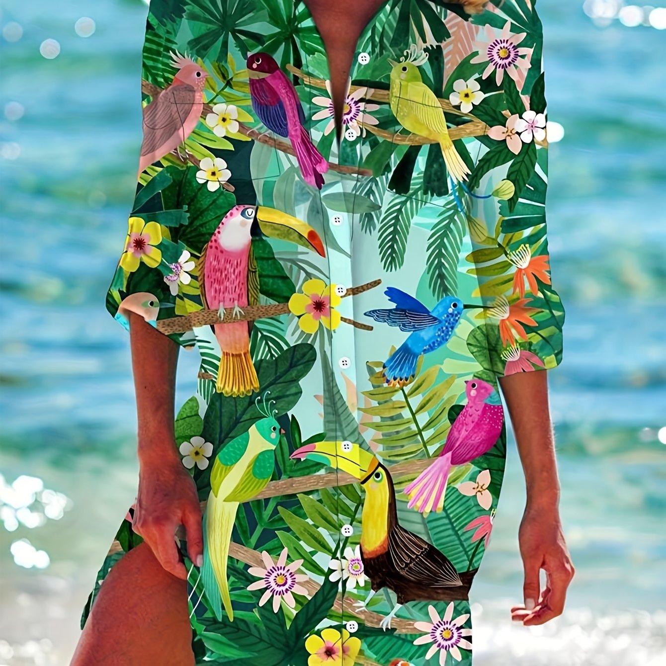 Plus Size Casual Floral Shirt Dress Long Sleeve Beach Vacation Women