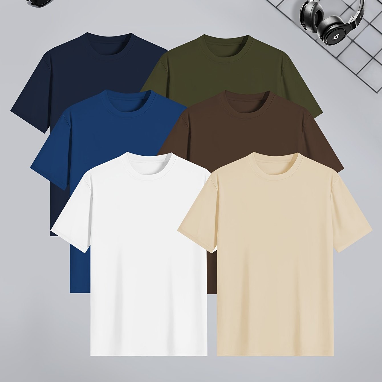 Conjunto de 6 camisetas de manga corta de color sólido para hombre, poliéster, ropa casual
