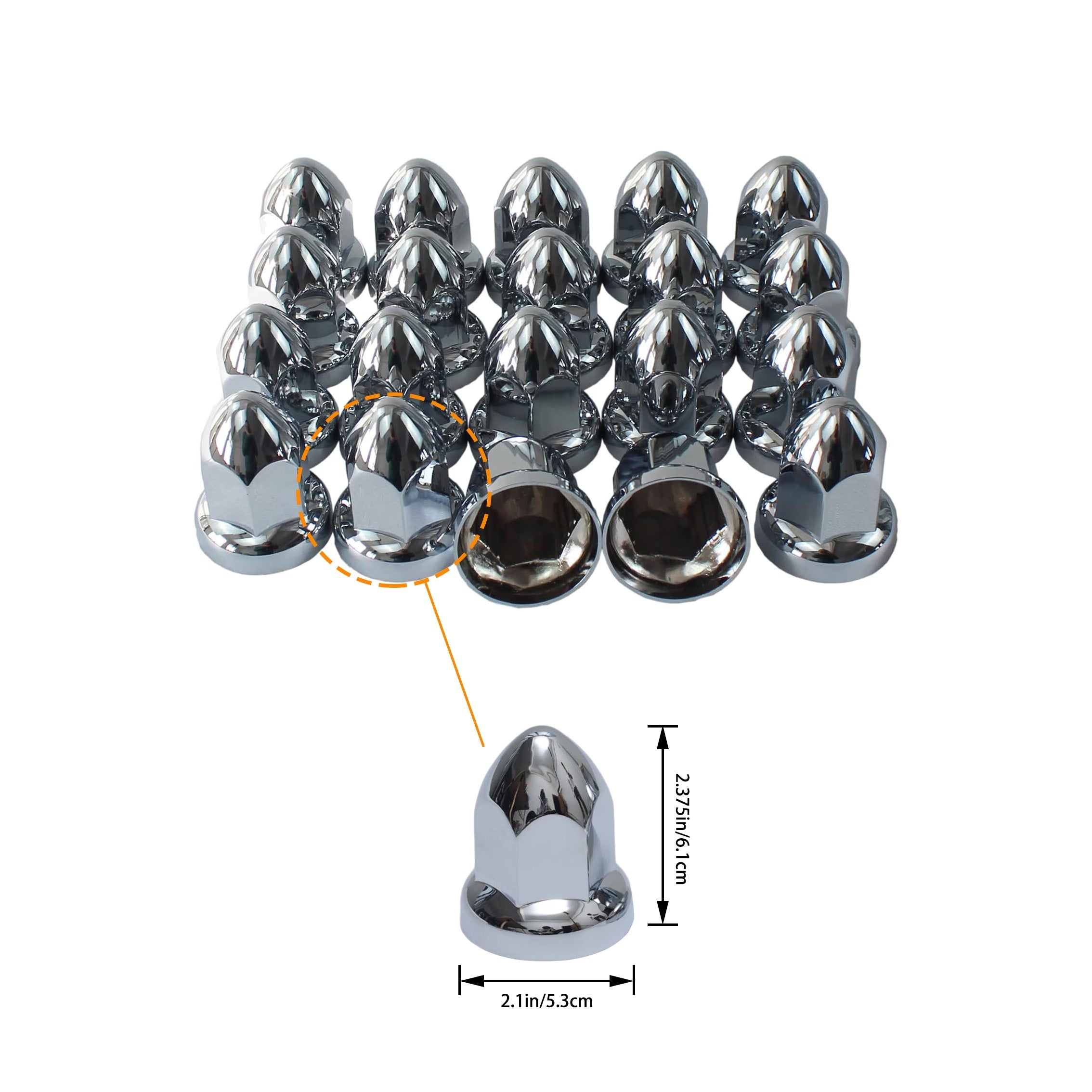 Chrome 33mm Lug Nut Covers Bullet Style Pack of 20 for Semi Trucks