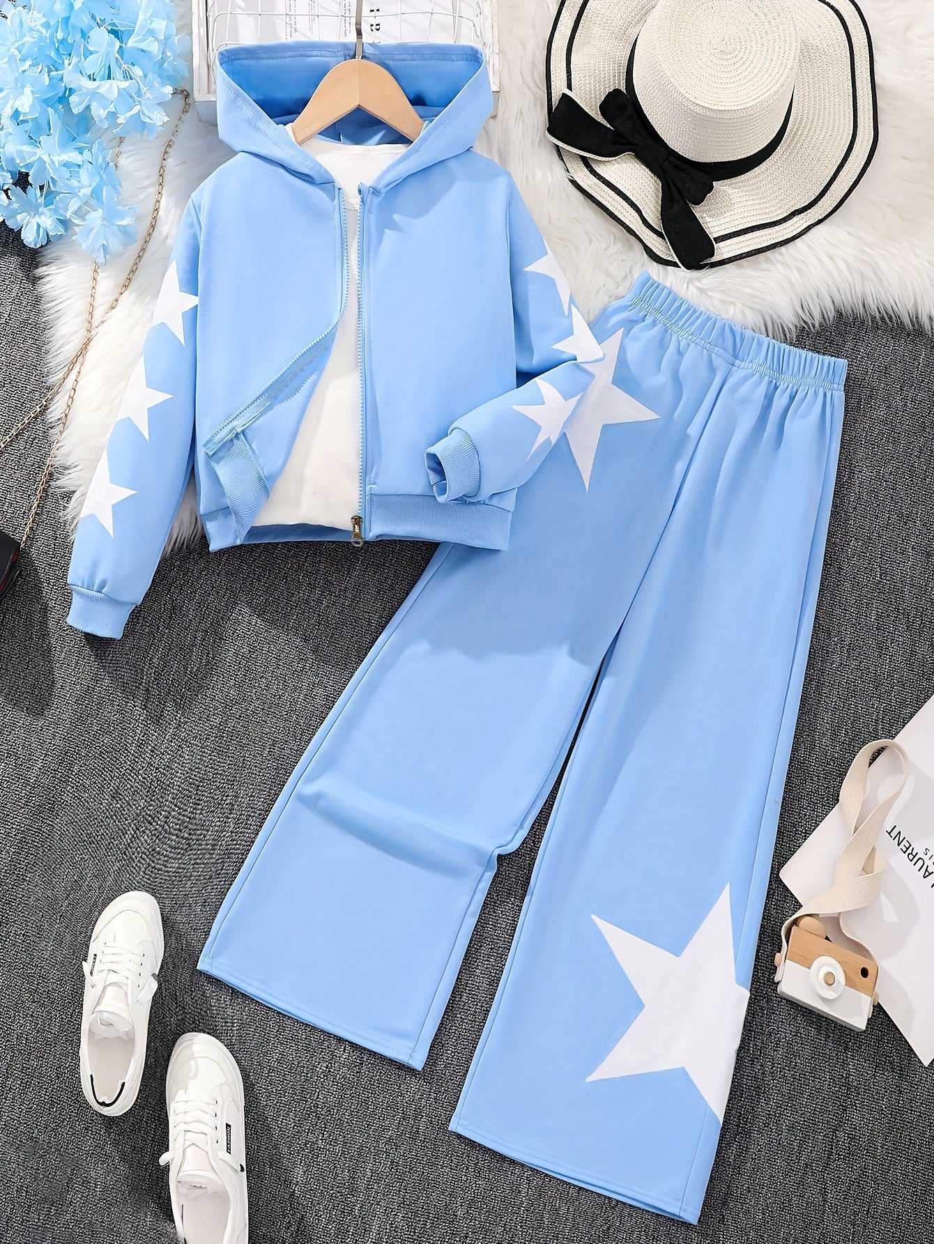 Girls Polyester Star Pattern Hoodie and Pants Set Long Sleeve Casual Fall Winter