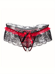 Women's Low Waist Lace Thong Panties Transparent Open-Crotch Lingerie
