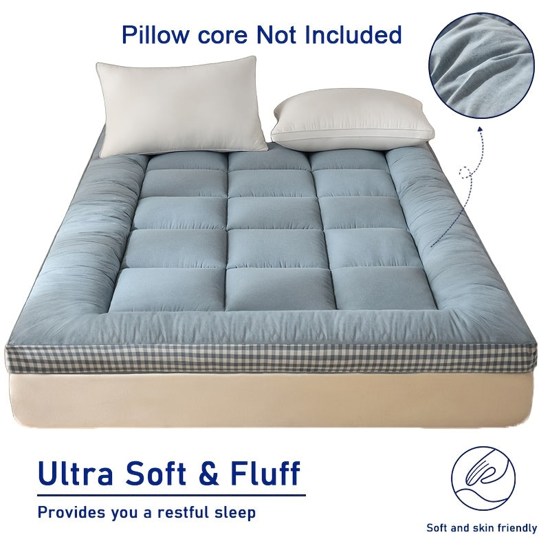 Full Size Japanese Floor Mattress with Thick Fluffy Padding Blue Foldable Tatami Cushion for Camping Dormitory Guest