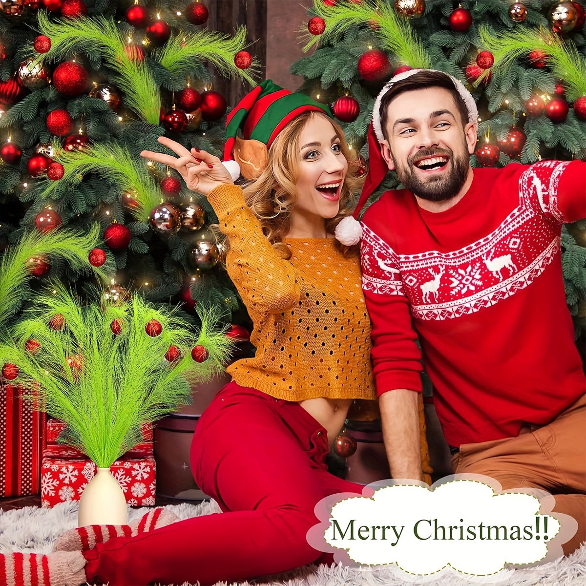 10 Piece Green Christmas Decoration Set with Artificial Poinsettia Branches for Home and Office