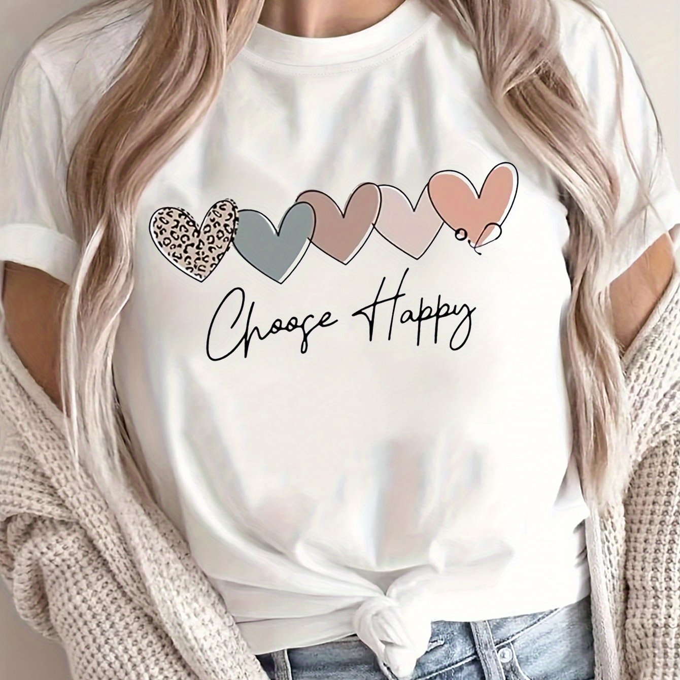 Plus Size Heart Letter Print T-Shirt Casual Short Sleeve Top for Spring and Summer