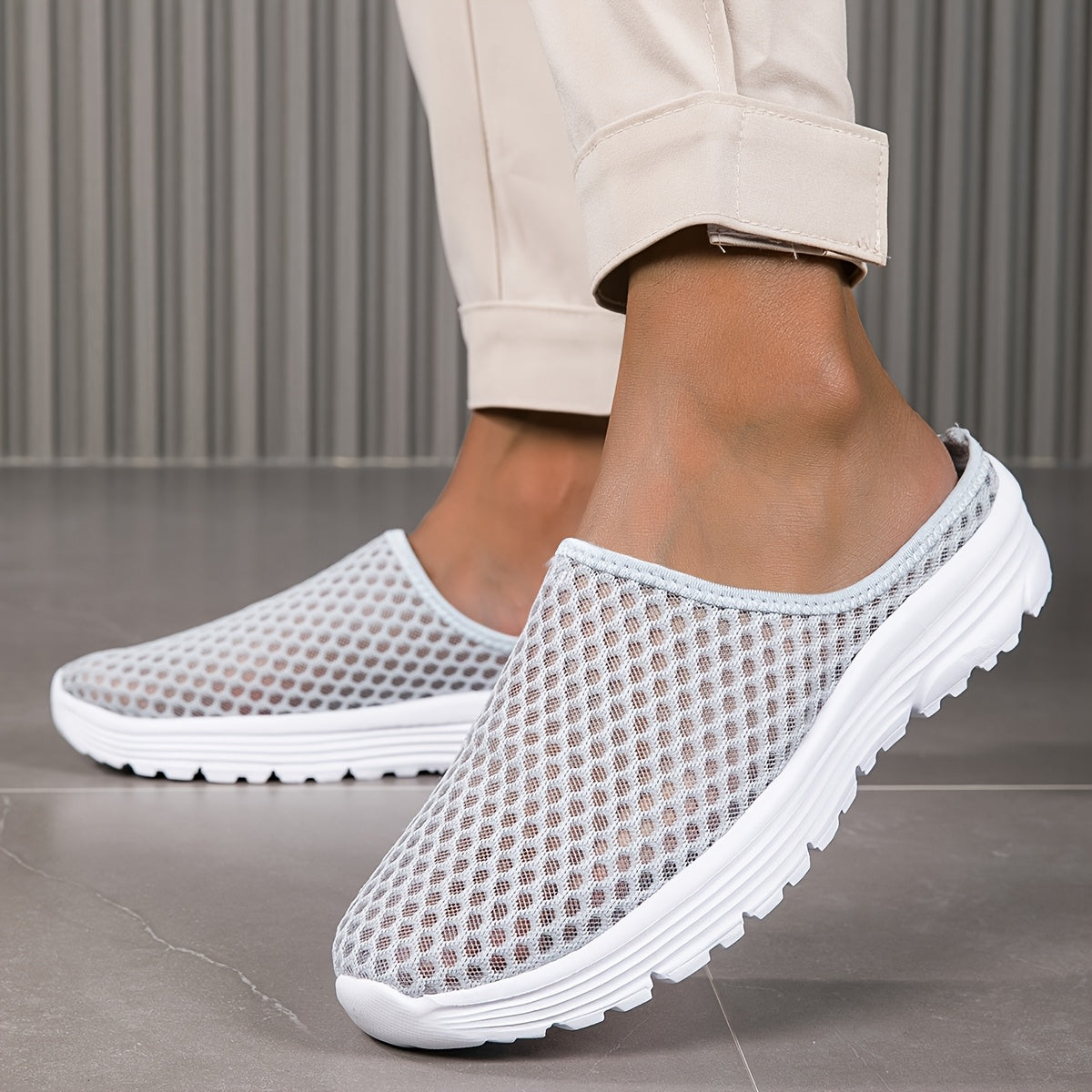 Women's Mesh Slip-On Mules White Hollow Out Lightweight Comfortable Shoes