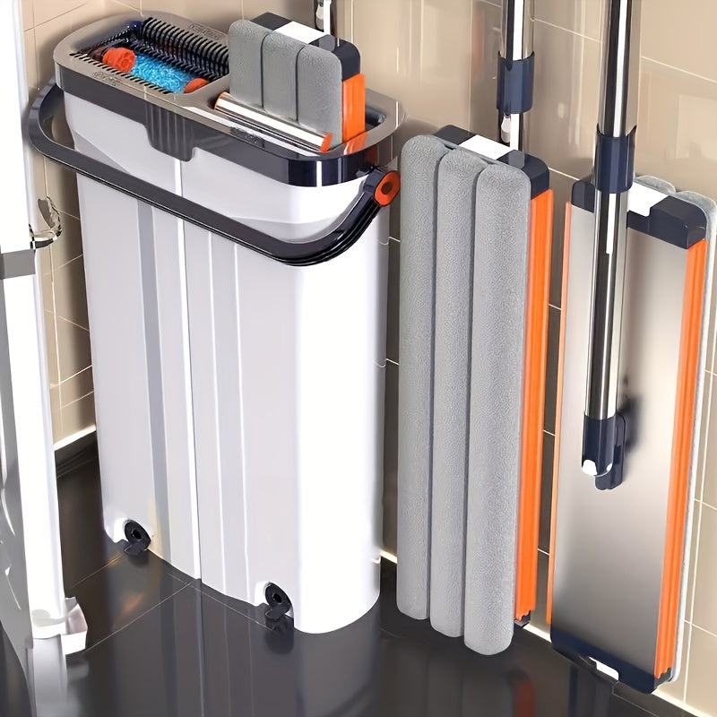 Oq tekis mopu va chelak to'plami, siqish qo'shimchasi bilan, metall material, uzun tutqich, nam/quruq devor tozalash va pol tozalash uchun ideal, 3/6 ta yuviladigan mikrofiber padlar bilan birga, yashash xonasi, yotoqxona, hammom va oshxona uchun mos.