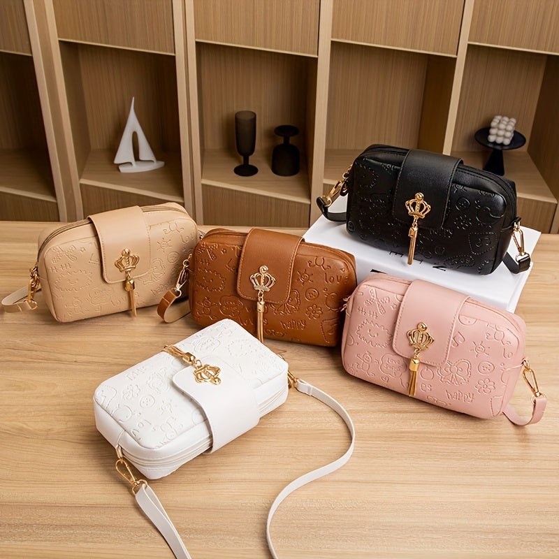 High Texture PU Crossbody Bag with Tassel Design, Zipper Closure, 5 Colors, Casual Style